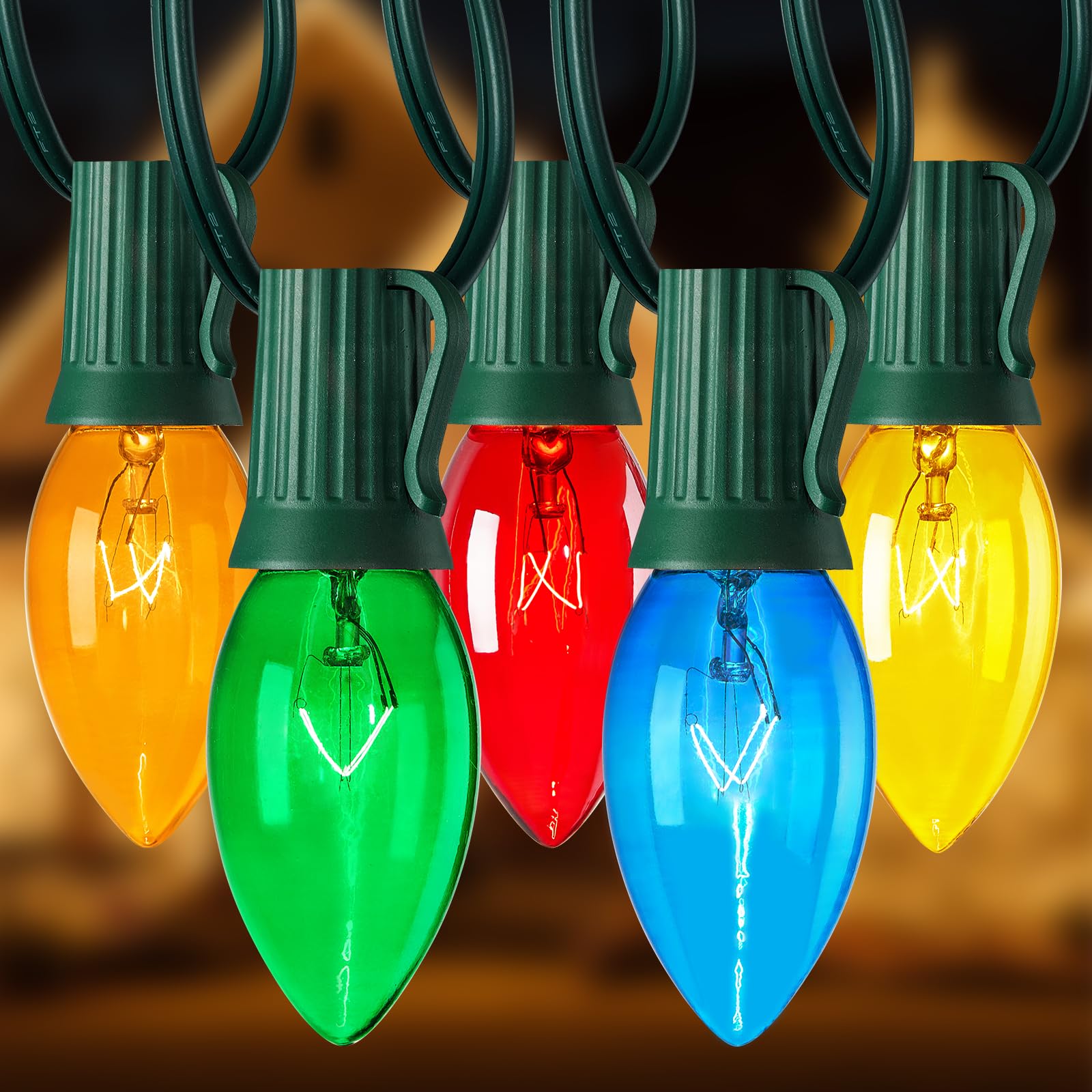 Brightown C9 Bulb String Lights - 25FT Multicolor Christmas Lights, Green Wire, 25 Bulbs, Outdoor Patio Decoration, Model GYPI-O257AU