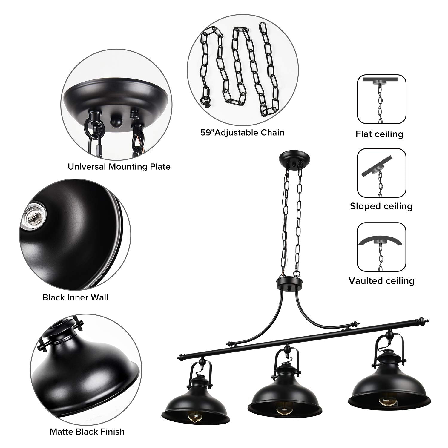 Gzbtech Vintage 3-Light Pendant Lighting Fixture, 59.06'' H Adjustable Rustic Hanging Billiard Light Over The Pool Table, Indust