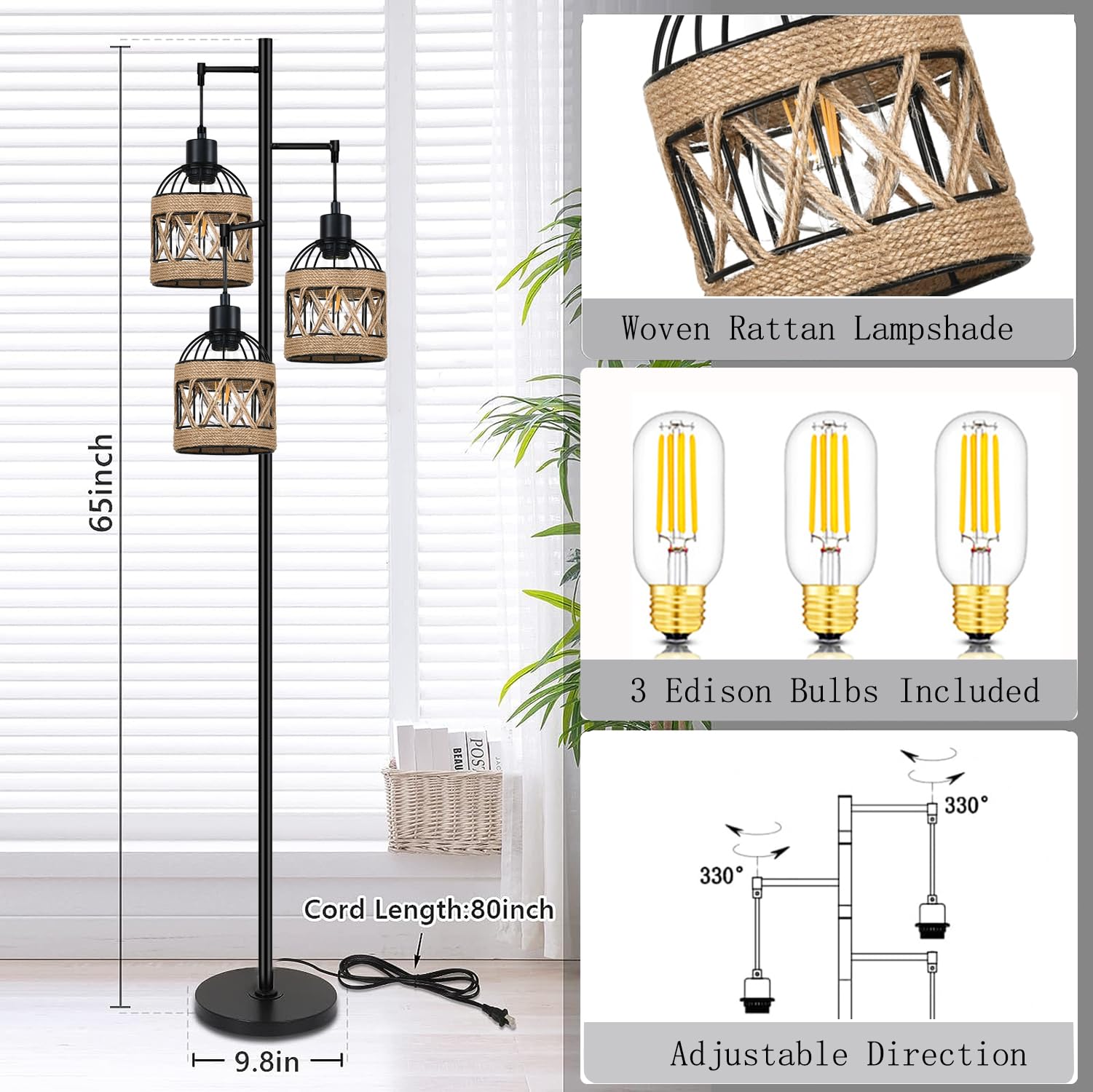 Qiyizm Floor Lamp For Living Room,Bedroom,3-Lights Boho Rattan Tree Floor Lights,Industrial Black Farmhouse Standing Lamp Wicker
