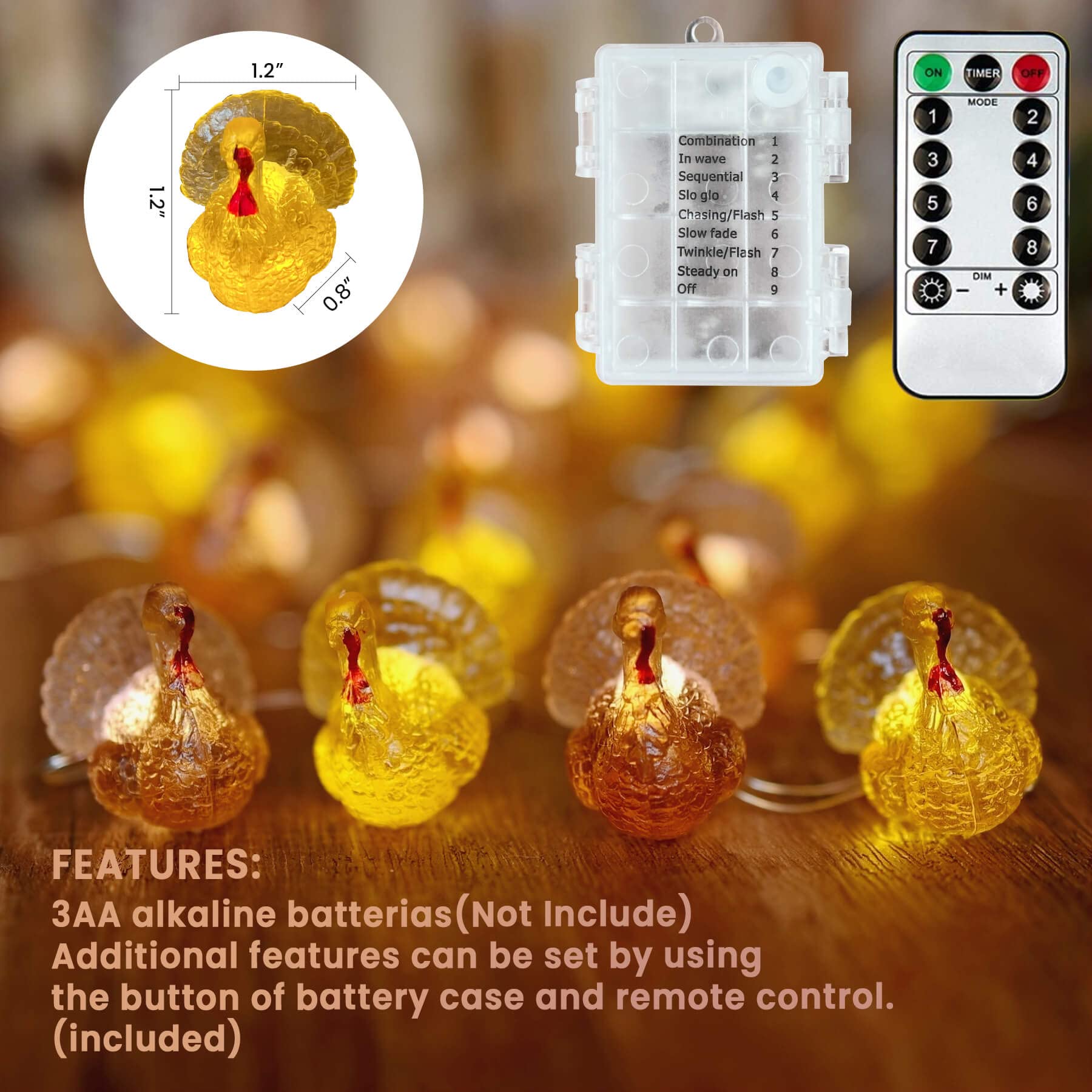 Jashika Fall Harvest 3D Turkey String Lights, Cute Decorative Lights Copper Wire 8Ft 20 Leds Battery Powered With Remote Control For Thanksgiving Meal Table Centerpiece Fireplace Mantel Home Decor