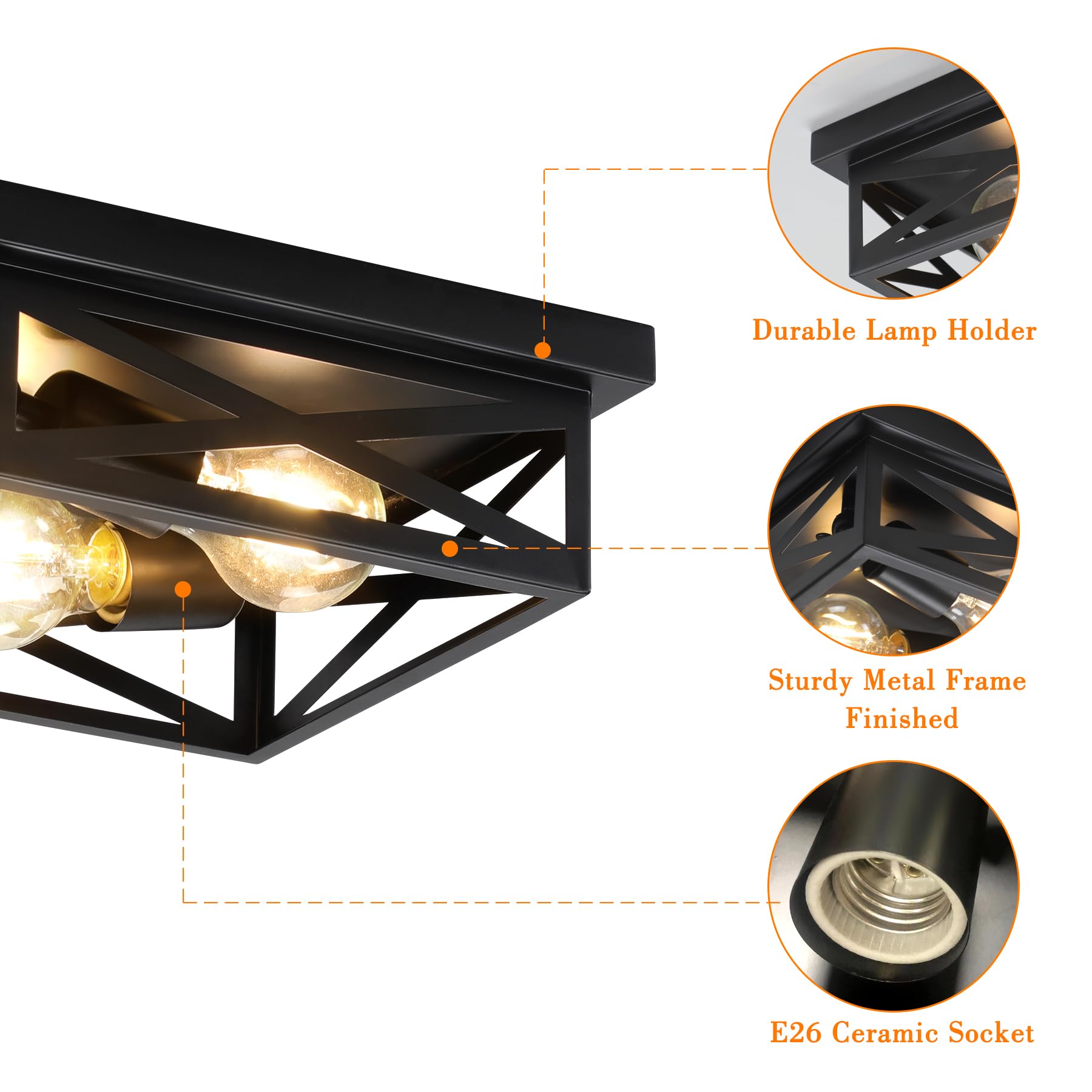 Dikaida Black Rustic Metal Flush Mount Ceiling Light Fixture, 2-Light Industrial Farmhouse Hallway Light Fixtures, Metal Cage Cl