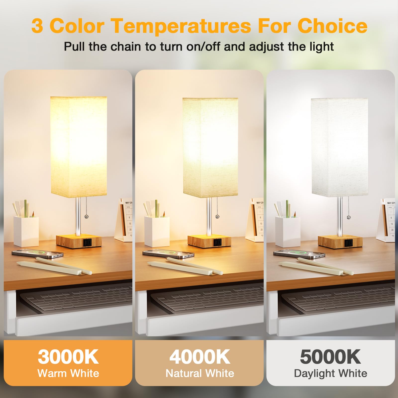 aooshine Beige Small Table Lamp - 3 Color Temperatures, USB Ports, Wood-Grain Base, 14.3in, Model S10-17