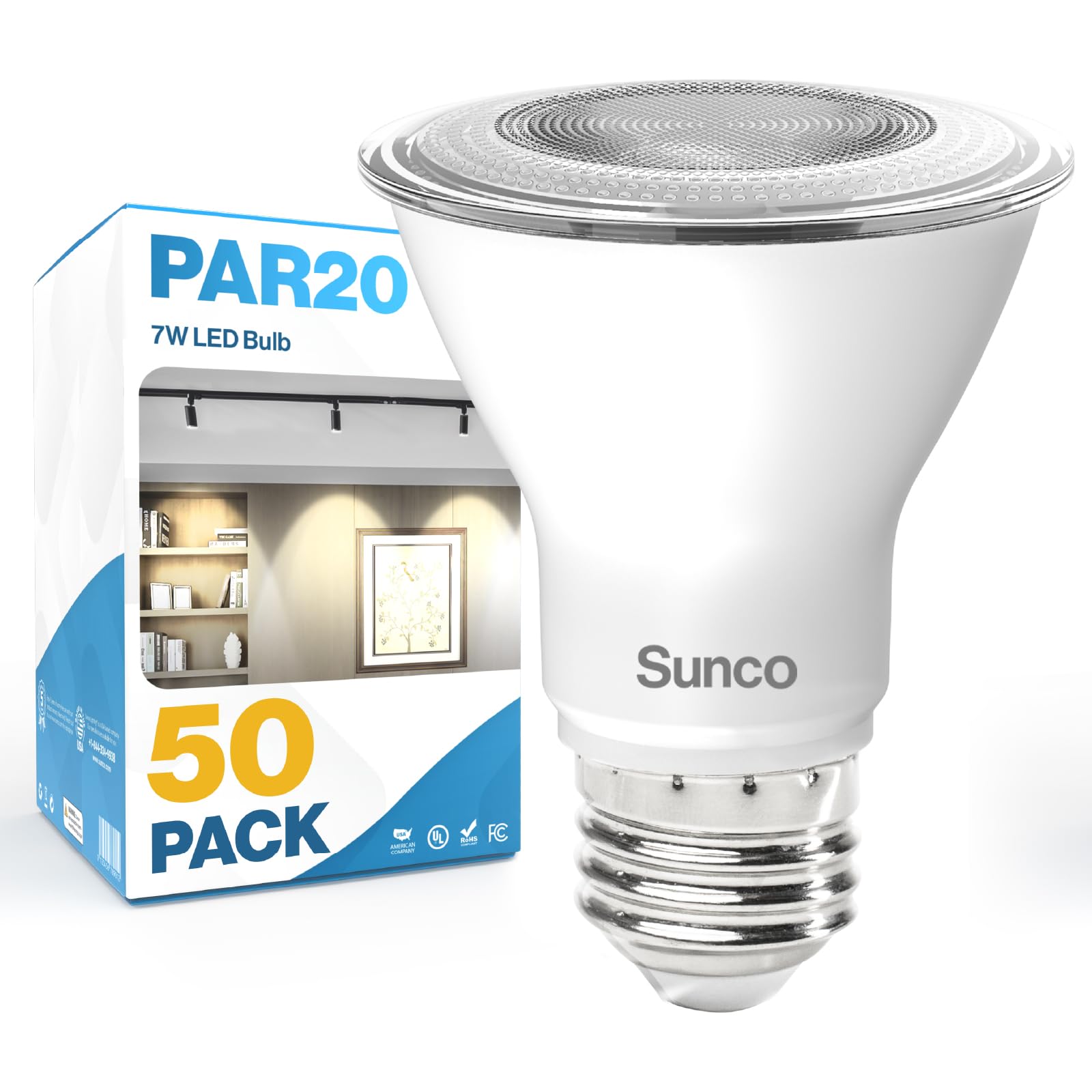 Sunco 50 Pack PAR20 LED Bulbs, Flood Light Bulb Outdoor, 500 LM, 7W (50W Equivalent), 6000K Daylight Deluxe, E26 Medium Base, Di
