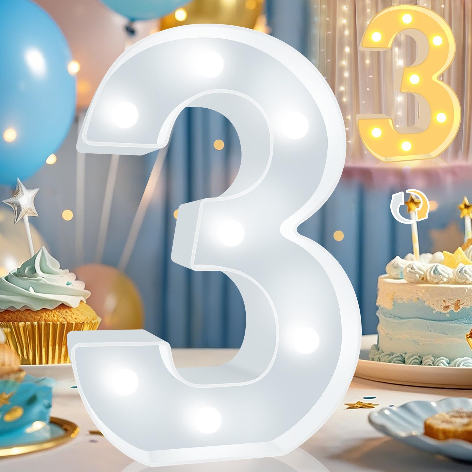 Pooqla LED Light Up Number 3, Warm White & Cool White Decorative Marquee, Plastic Night Light for Party & Room Decor