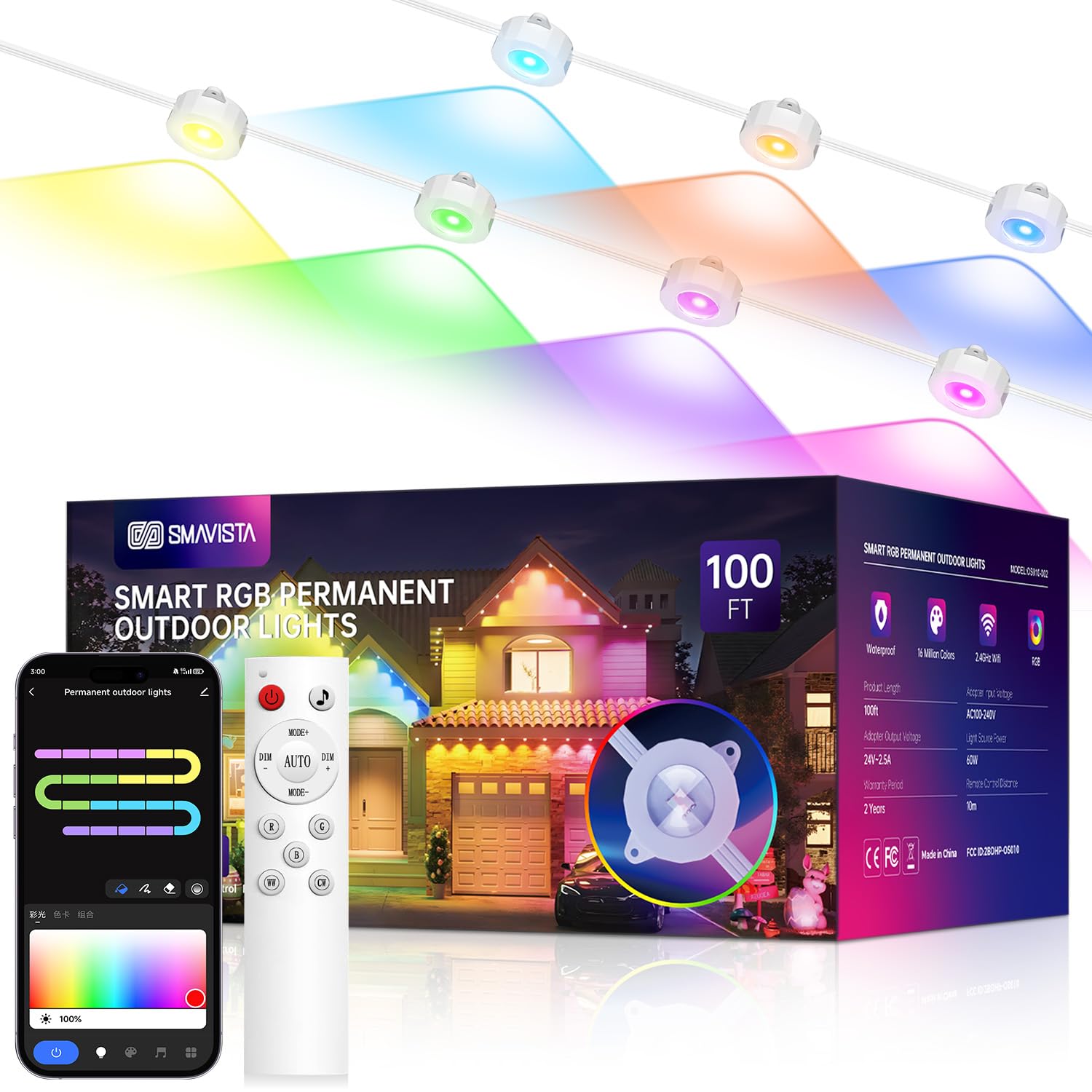Smavista Smart Permanent Outdoor Lights, 100Ft With 72 Led Rgb String Lights, Ip67 Waterproof Eaves Light With 44 Scene Modes For Halloween Christmas Birthday Holiday Party, App/Voice/Remote Control