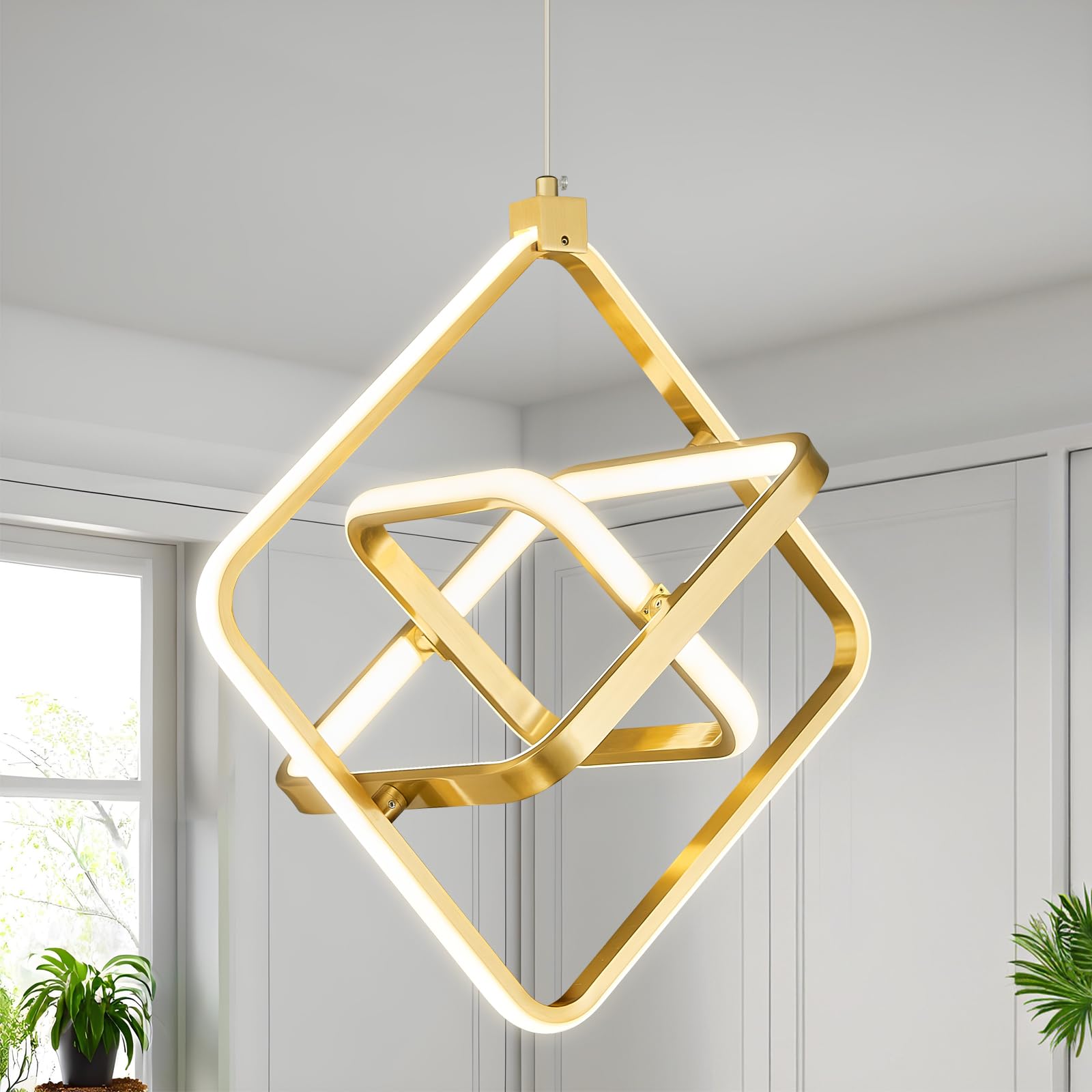 Bnhhlz Modern Led Pendant Light Gold Pendant Lights 4000K 35W Dimmable Height Adjustable Pendant Lighting Rectangle Chandelier For Kitchen Island Dining Room Bedroom Living Room Foyer(3-Ring)