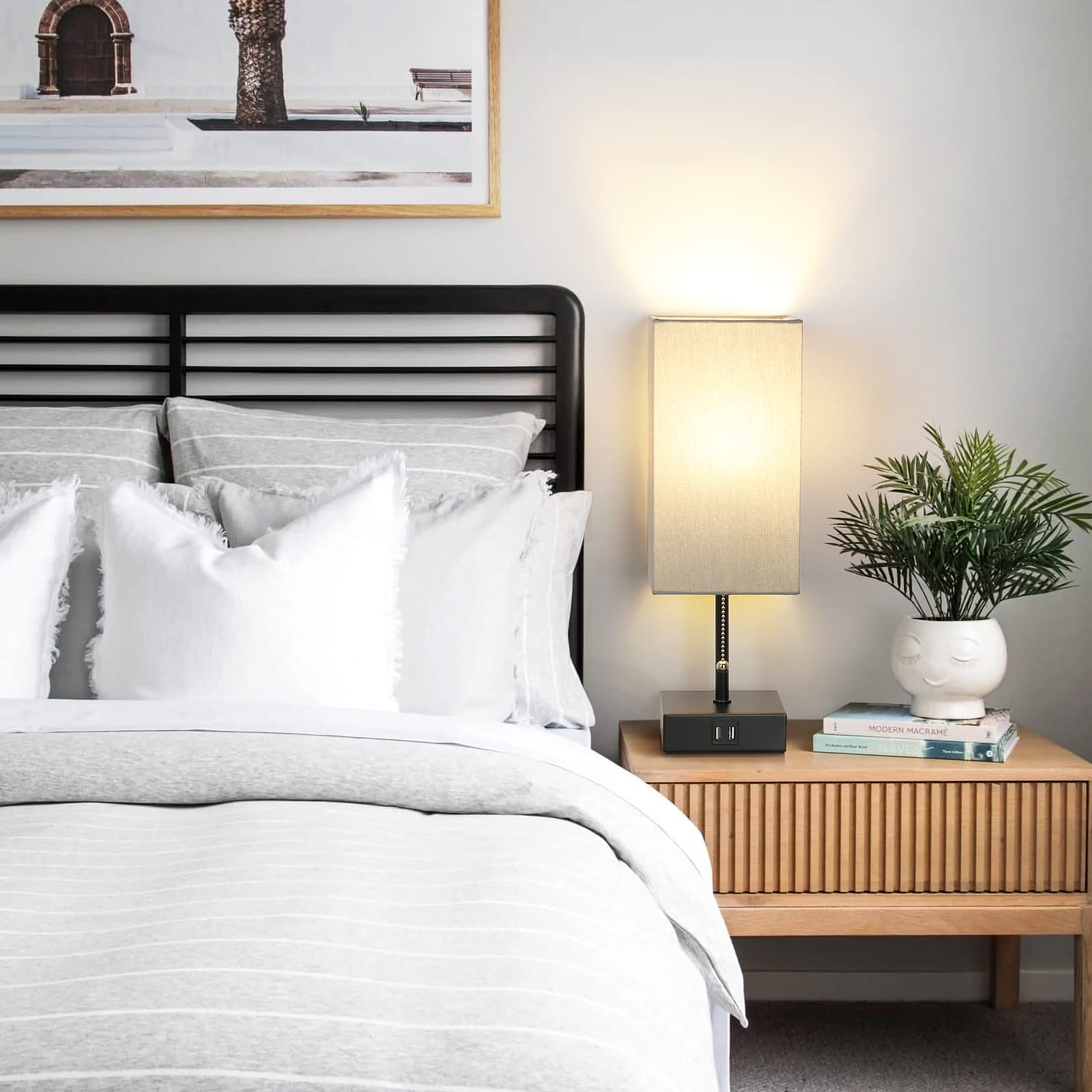 Ggoying Bedside Table Lamp, Modern Nightstand Lamp With Usb Charging Ports, Pull Chain, 2700K Led Bulb, Grey Fabric Shade For En