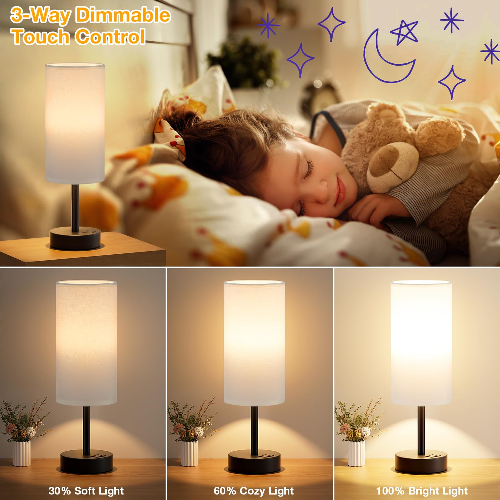White Touch Table Lamp With Usb - 3 Way Dimmable Bedside Lamp For Nightstand, Bedroom Lamp With Black Charging Station For Desk,