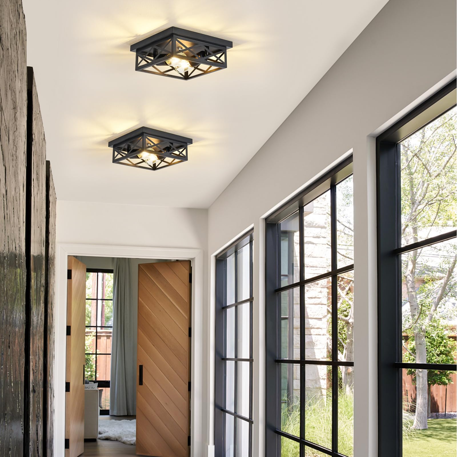 Lpinmeiju Black Flush Mount Ceiling Light 2 Pack, Cage Industrial Farmhouse Ceiling Light Fix-Tures Suitable For Kitchen Entrywa