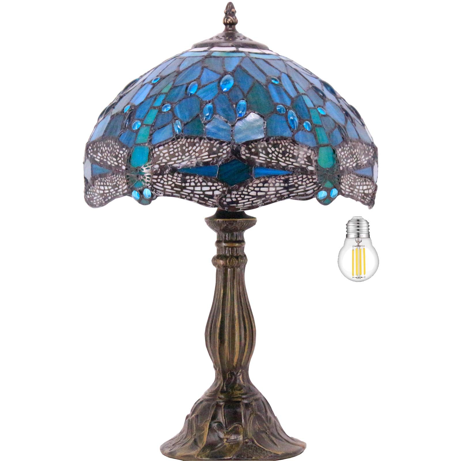 WERFACTORY Tiffany Lamp Green Blue Stained Glass Dragonfly Style Bedside Table Lamp Desk Reading Light 12X12X18 Inches Decor Bed