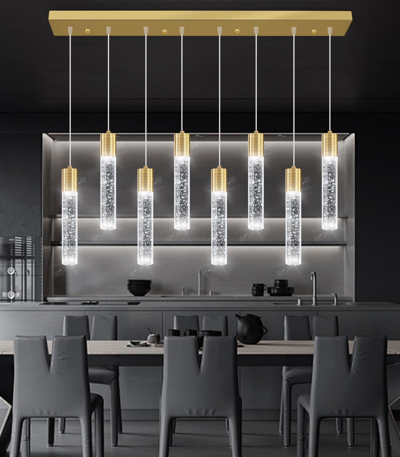 dolria 8-Lights Modern Crystal Chandelier - Metal LED Pendant Light for Kitchen, Dining Room, Hallway - Gold Finish, Model PC0019-CT-8G