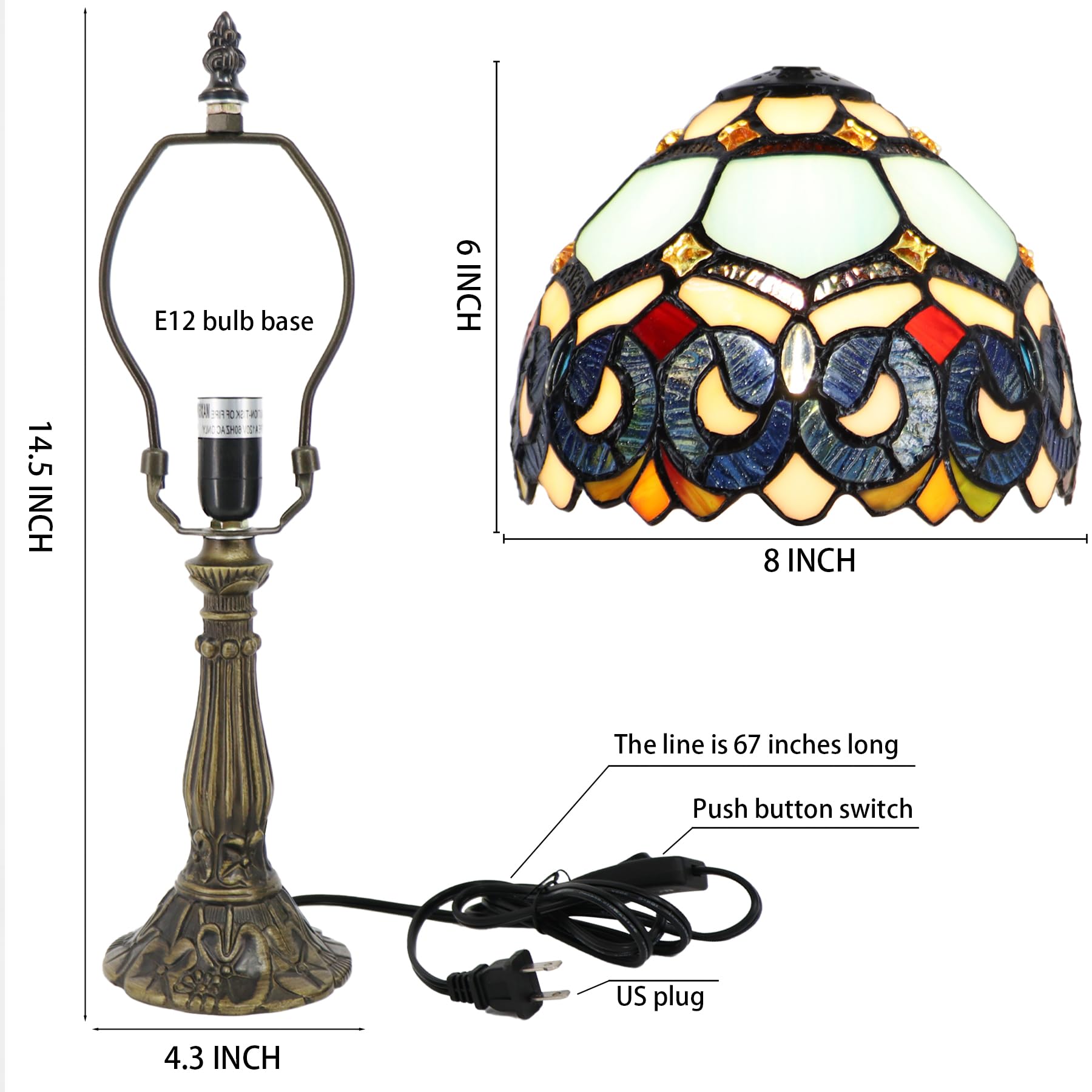 Lxhcyou Small Tiffany Lamp Mini Accent Table Lamp Stained Glass Desk Memory Lamp Sympathy 8X14.5 Inch (Sapphire Style)