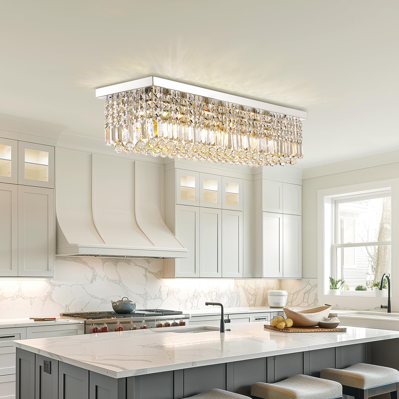 Siljoy Modern Crystal Chandelier 8-Lights Rectangular Flush Mount Pendant Ceiling Light Fixture Rectangle K9 Crystal Raindrop Ch