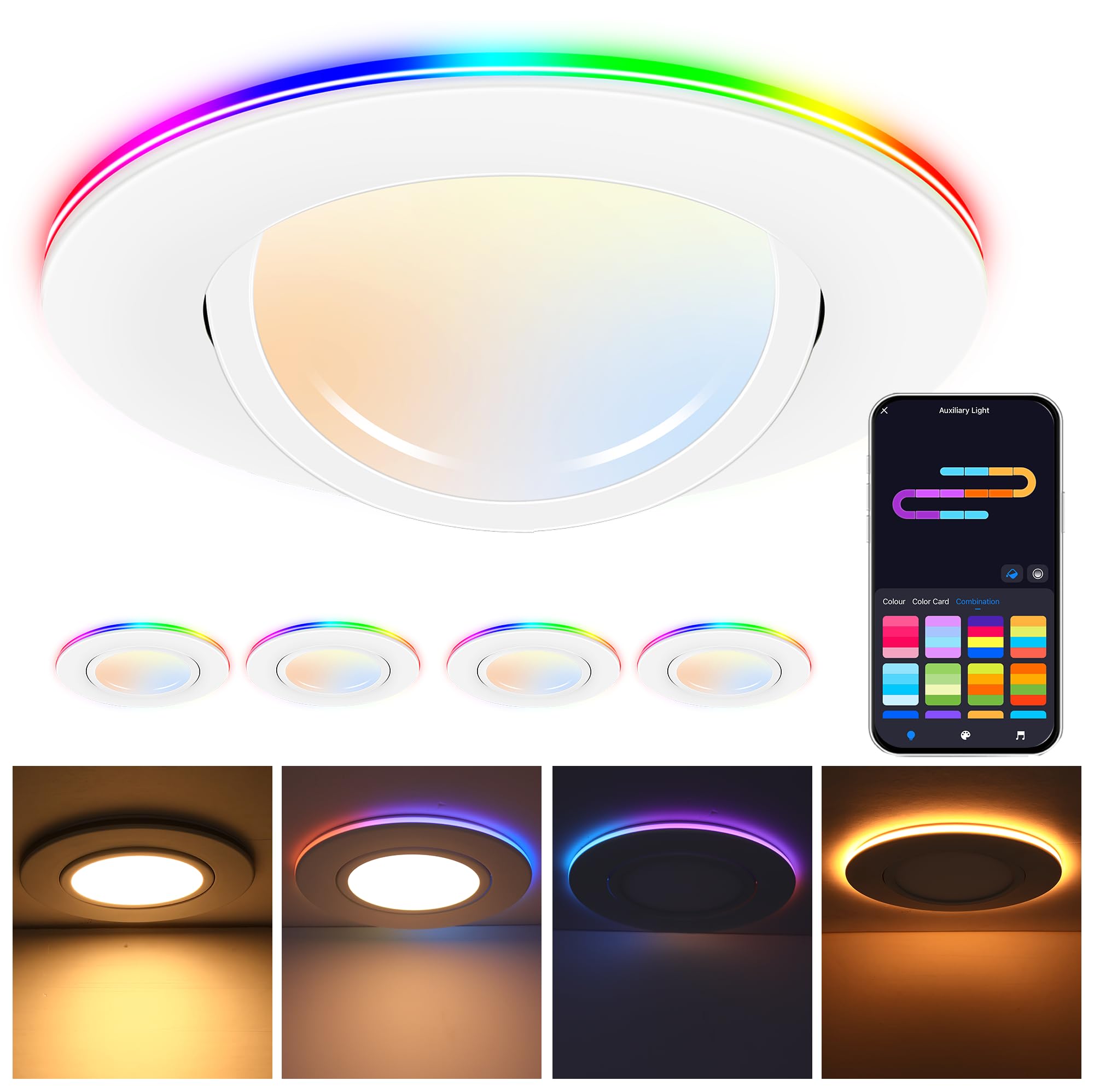 CLOUDY BAY 6 Inch Gimbal Smart Recessed Lighting, 4 Pack, RGBW, 15W, Compatible with Alexa & Google Home, Model CB-4PACK-6IN