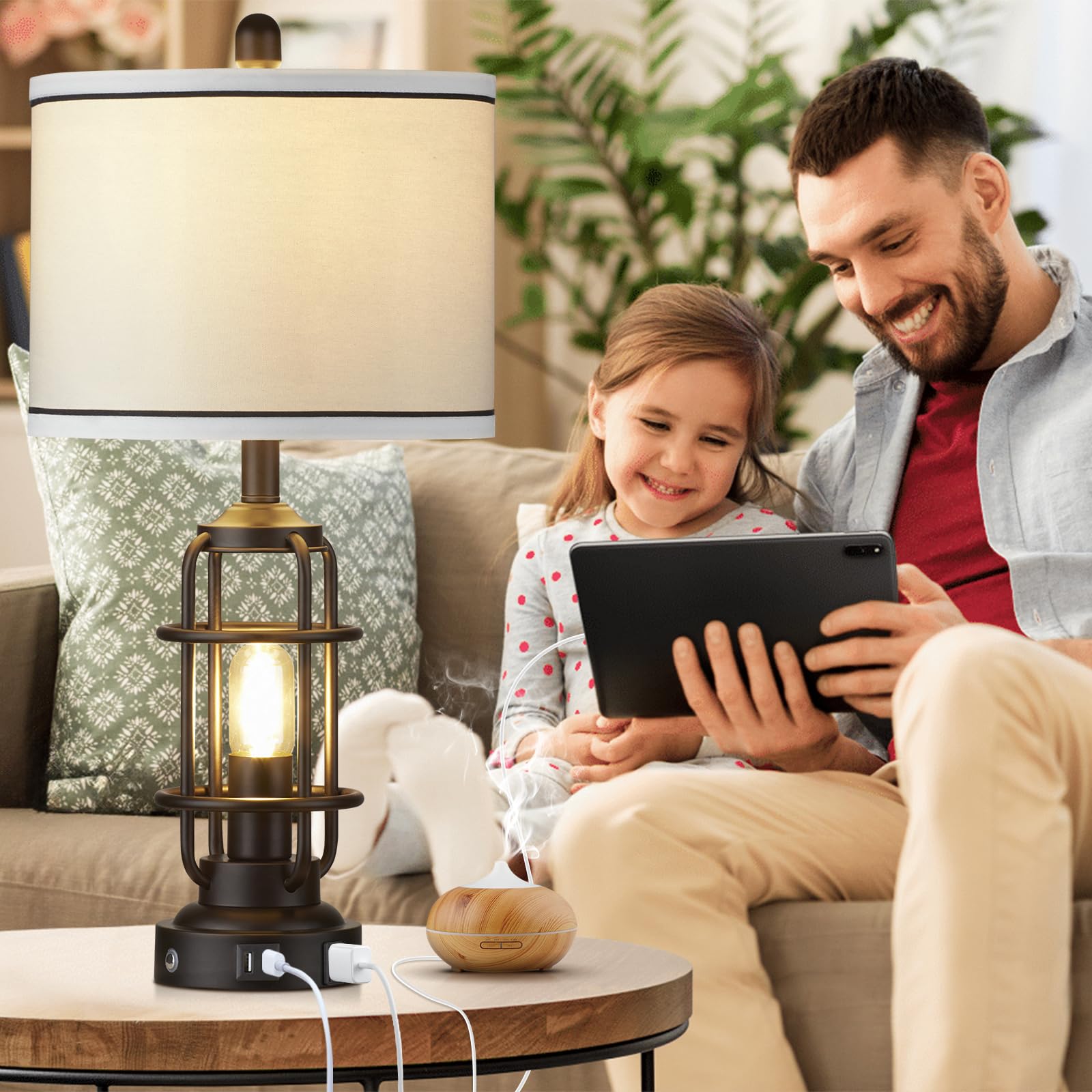 Modern Table Lamps Set Of 2, Industrial 3-Way Dimmable Bedside Lamp With Usb A+C Ports & Ac Outlet, 25" Touch Control Nightstand Lamp Led Night Light For Living Room Bedroom Home(4 Bulbs Included)