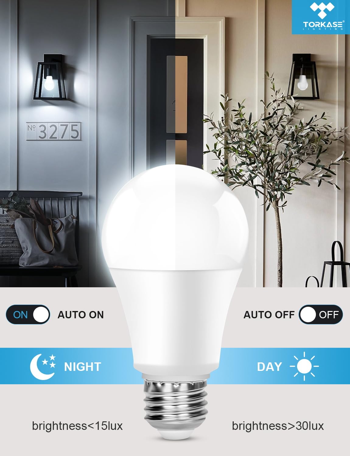 Torkase Outdoor LED Light Bulbs, 13W (100W Equivalent), Dusk to Dawn, E26 Base, 6000K Cool White, Non-Dimmable, 4 Pack