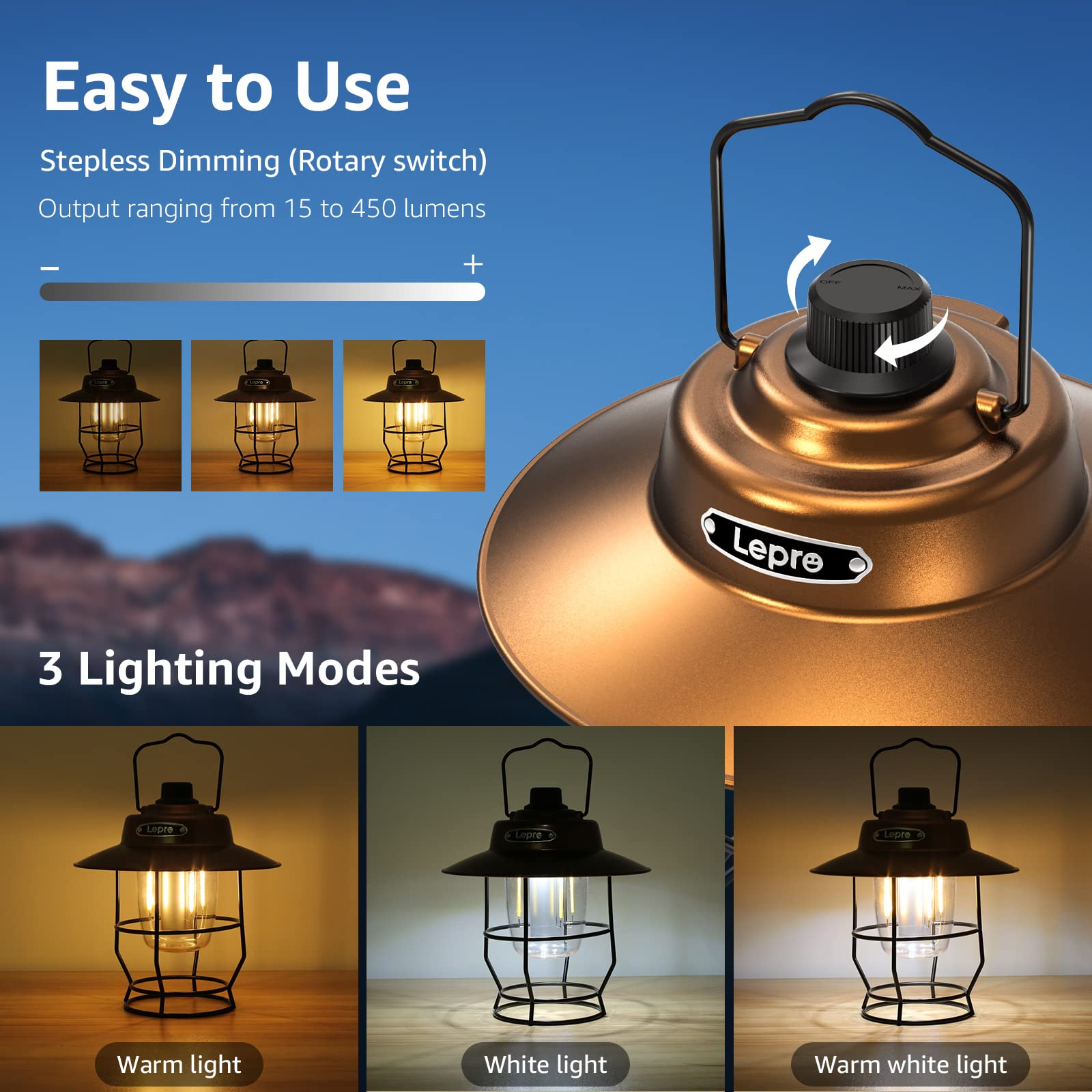 Lepro Vintage LED Camping Lantern, Rechargeable Power Bank, Portable Retro Style, Bronze, Model PR330039