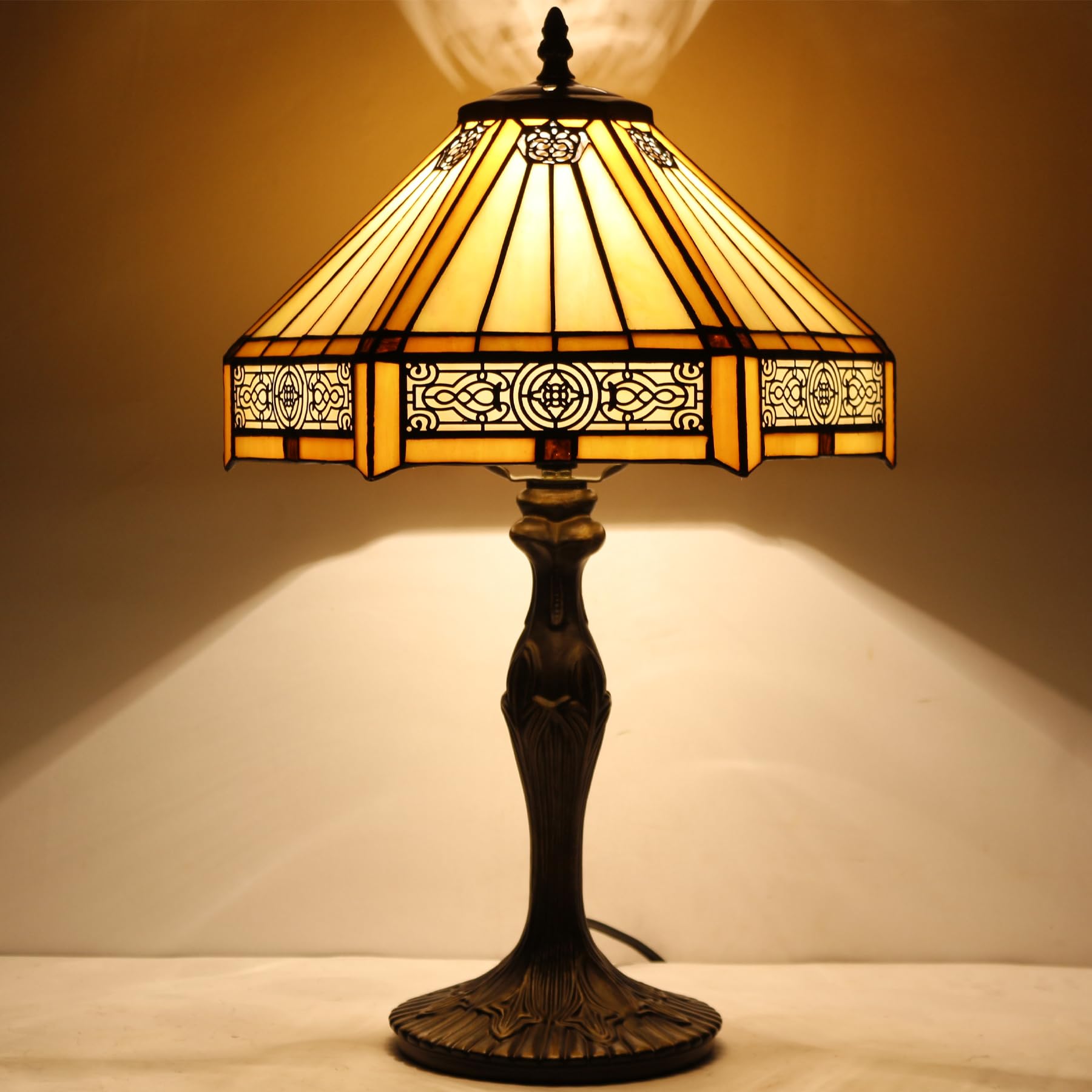 WERFACTORY Tiffany Table Lamp, Yellow Hexagon Stained Glass, 12X10X18 Inches, Mission Style, Ideal for Bedroom & Living Room Decor