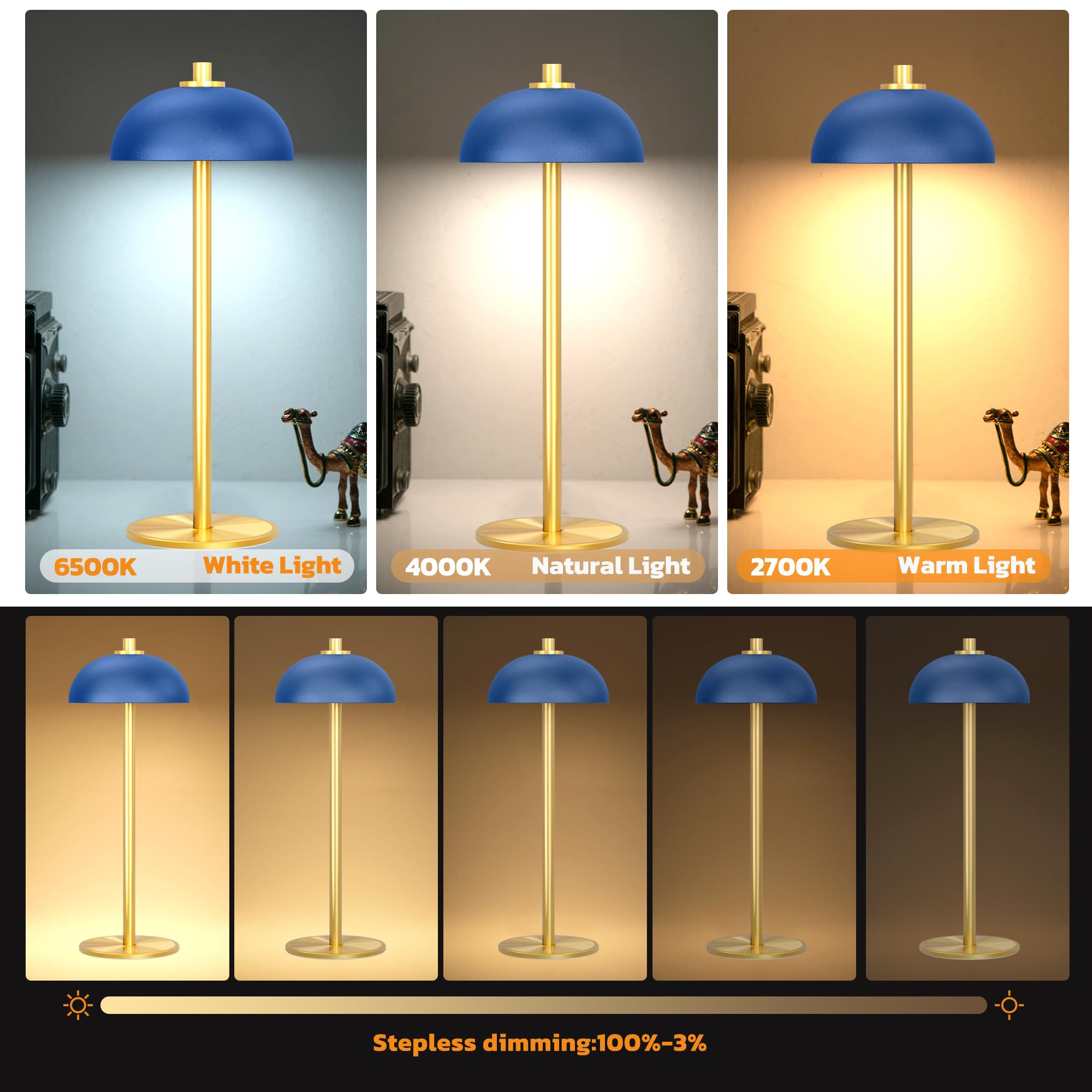 JONEMO Cordless Table Lamp, 5000mAh Rechargeable, 3 Color Modes, Stepless Dimming, Model MOGU, Blue-2