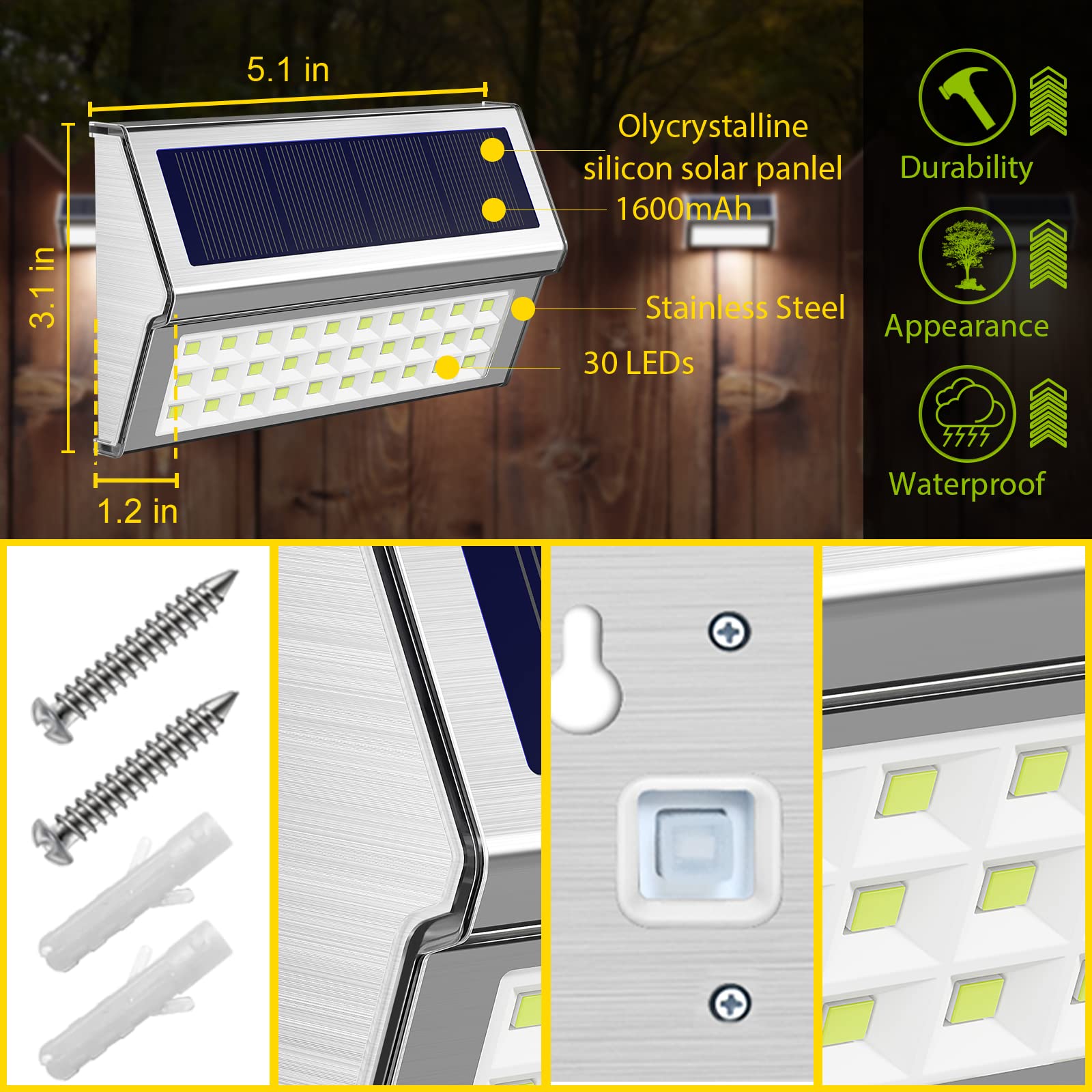 ROSHWEY Solar Lights Outdoor 6 Pack - 30 LED Waterproof Deck & Stair Lights, Cool White for Patio, Pool, Yard, and Walkway