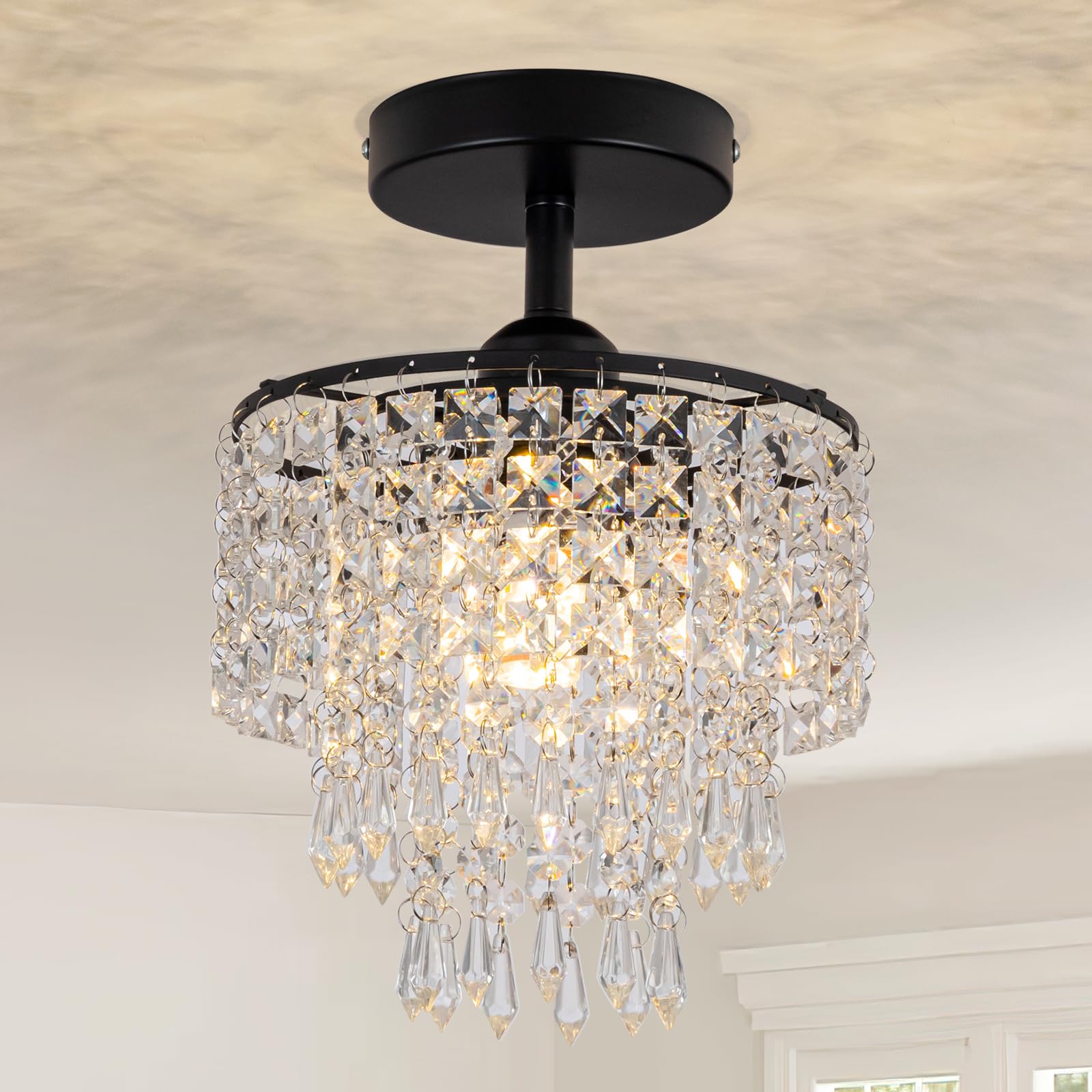 Hongnuofc 8'' Black Chandelier 3-Tier Crystal Raindrop Flush Mount Ceiling Light Fixture Mini Chandelier Light For Bedroom Kitch