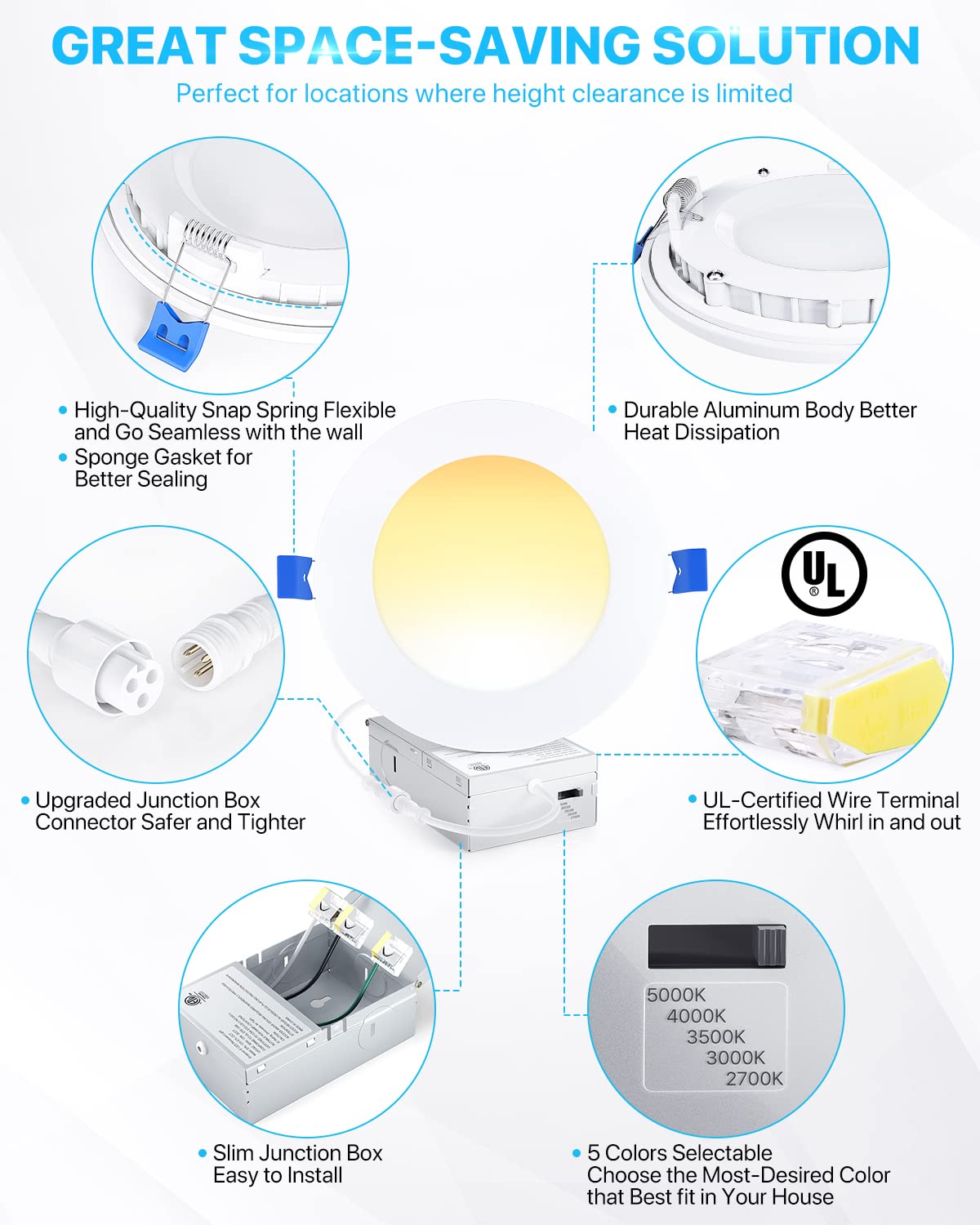 Ensenior 24 Pack Ultra-Thin 6 Inch Dimmable LED Recessed Lights, 5CCT 2700K-5000K, Metal, 1050LM,