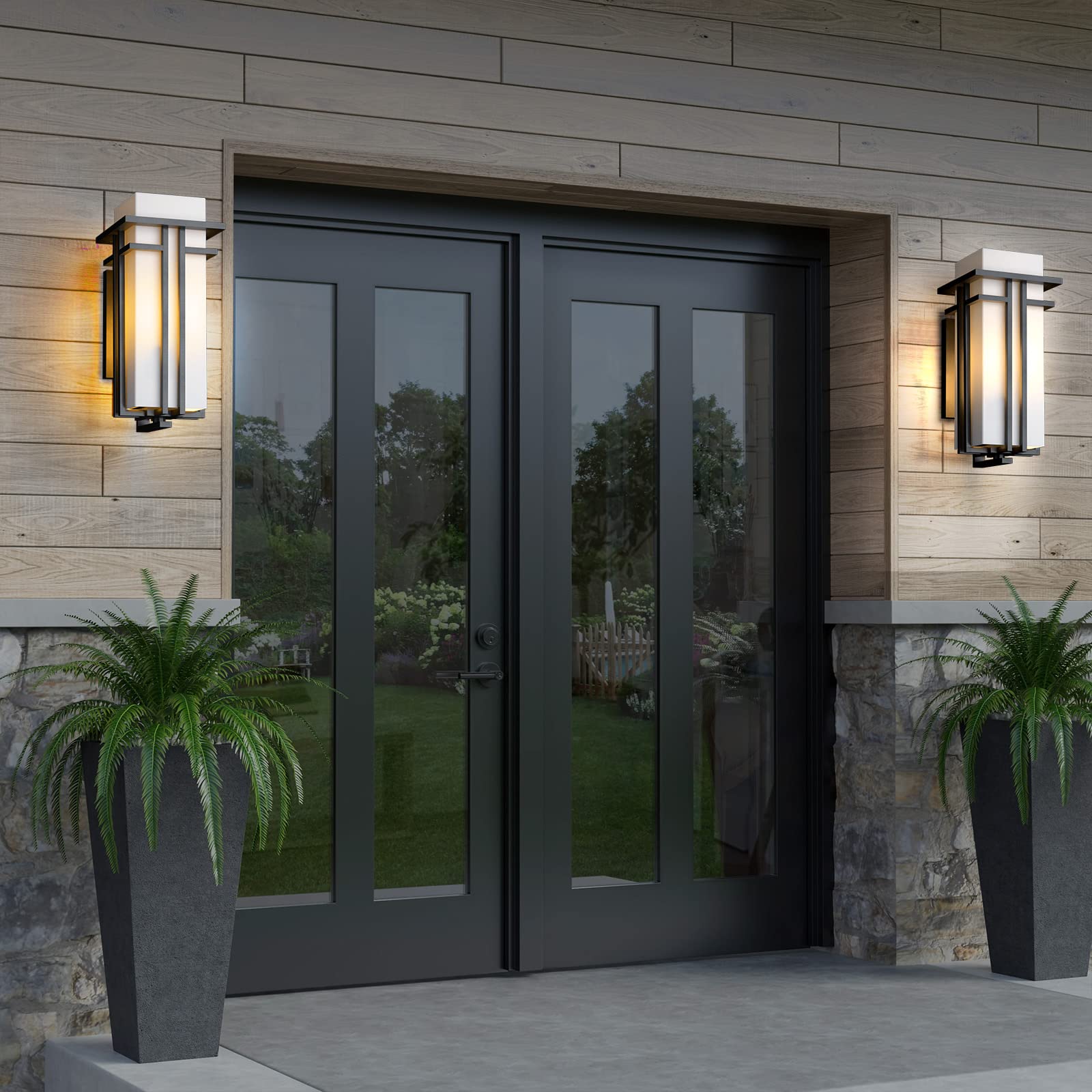 Yoenecea Outdoor Wall Lights, 17H Aluminum & Frosted Glass Lantern, Black, Model Yx-Bd01, Modern Design For Porch, Garage, Patio