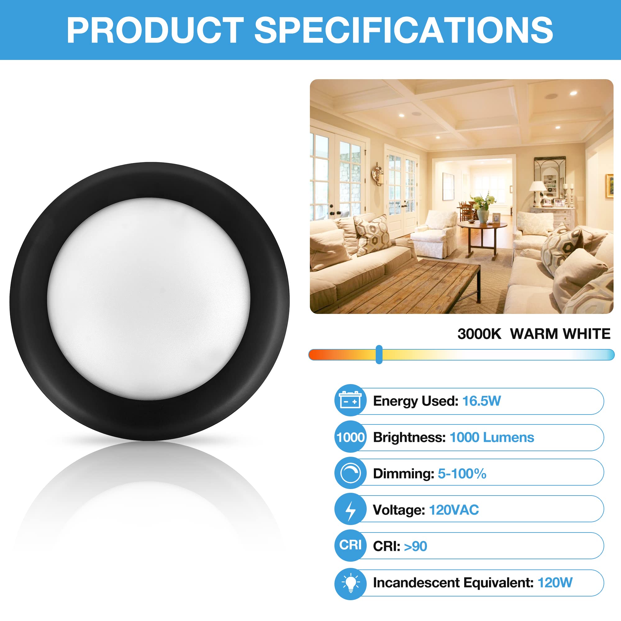 Ecoeler 10 Pack 6 Inch Led Flush Mount Ceiling Light, Dimmable Led Disk Light, 16.5W, 1000 Lm, 3000K Warm White, Black Trim, Sui