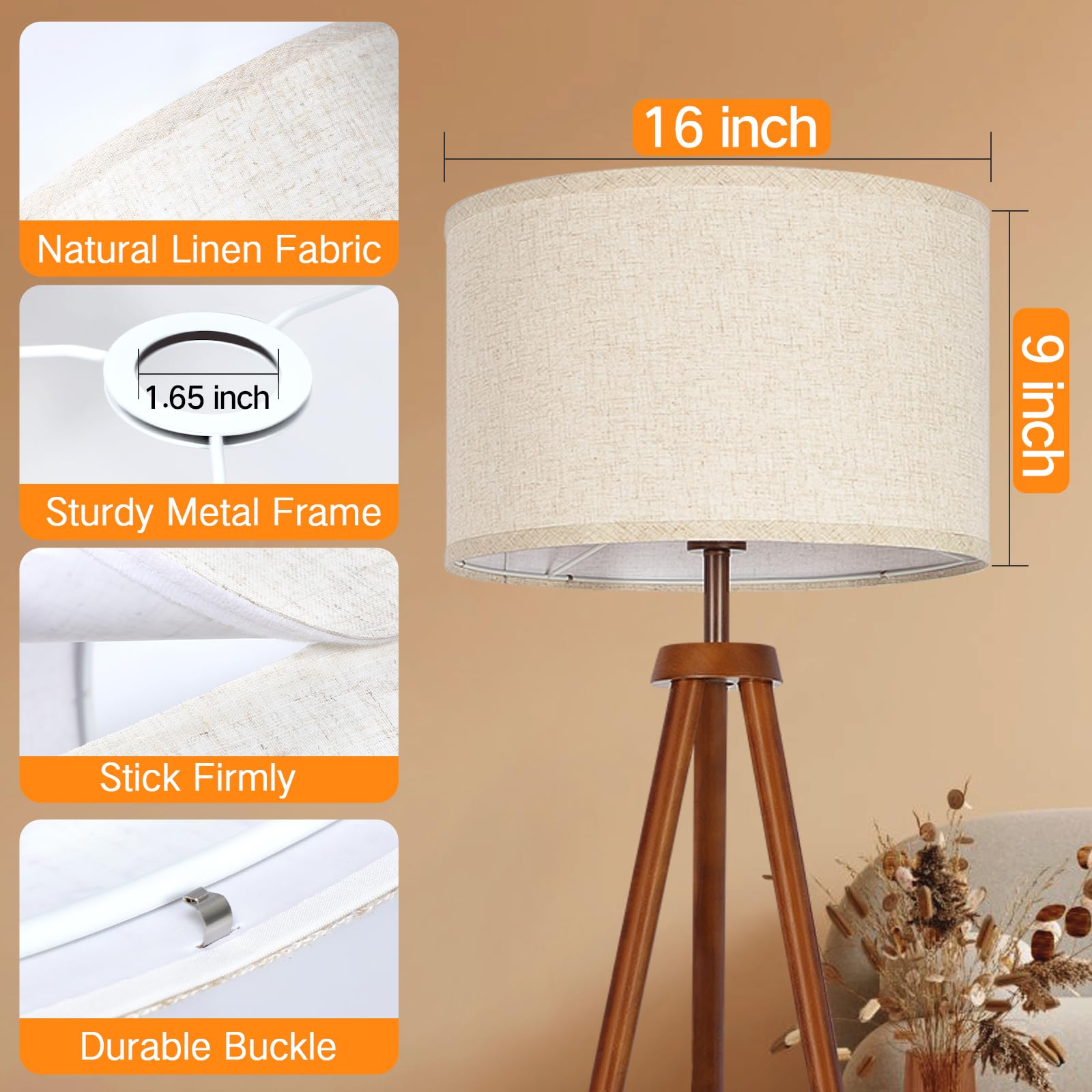 OUTON Beige Drum Lamp Shade, 16" Top x 16" Bottom x 9" High, Easy to Assemble Replacement Linen for Table & Floor Lamps