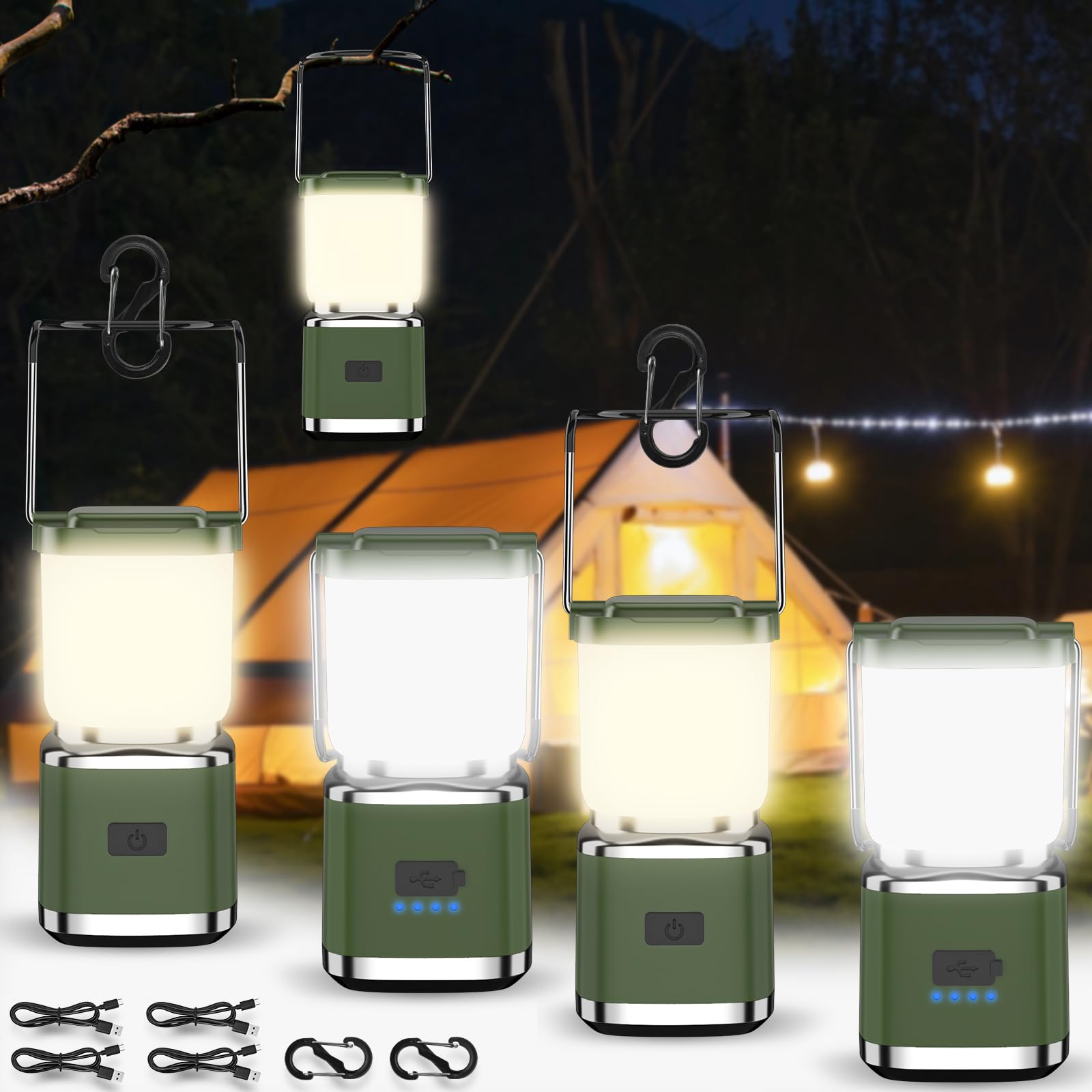 iToncs LED Camping Lantern, Rechargeable, Waterproof, 4 Light Modes, Dark Green, Model 507, 4 Pack