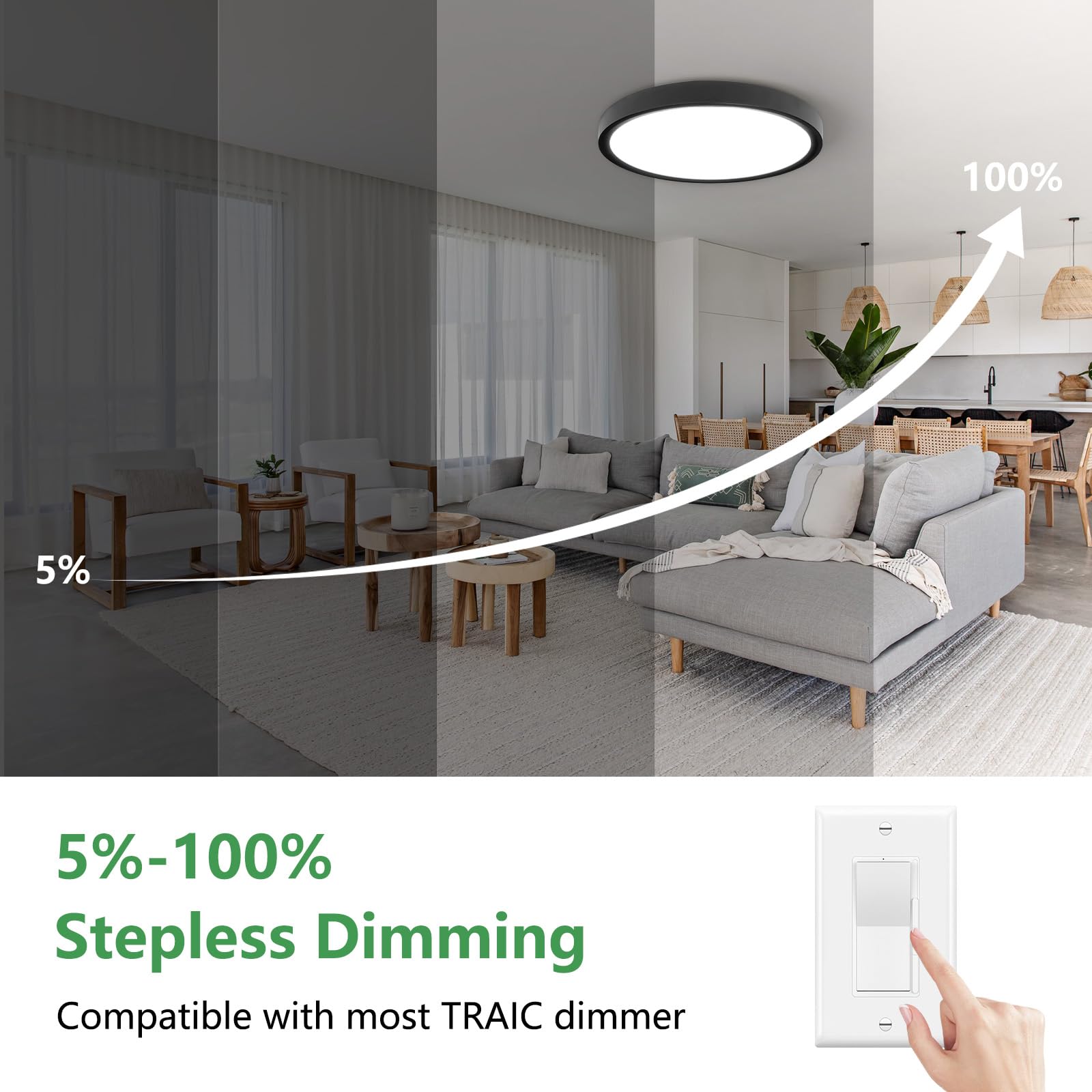 FY WISDOM FLY LIGHTING 15.8 Inch Dimmable LED Ceiling Light 32W 3480LM 3000K-6000K Black 1PK Model FY102