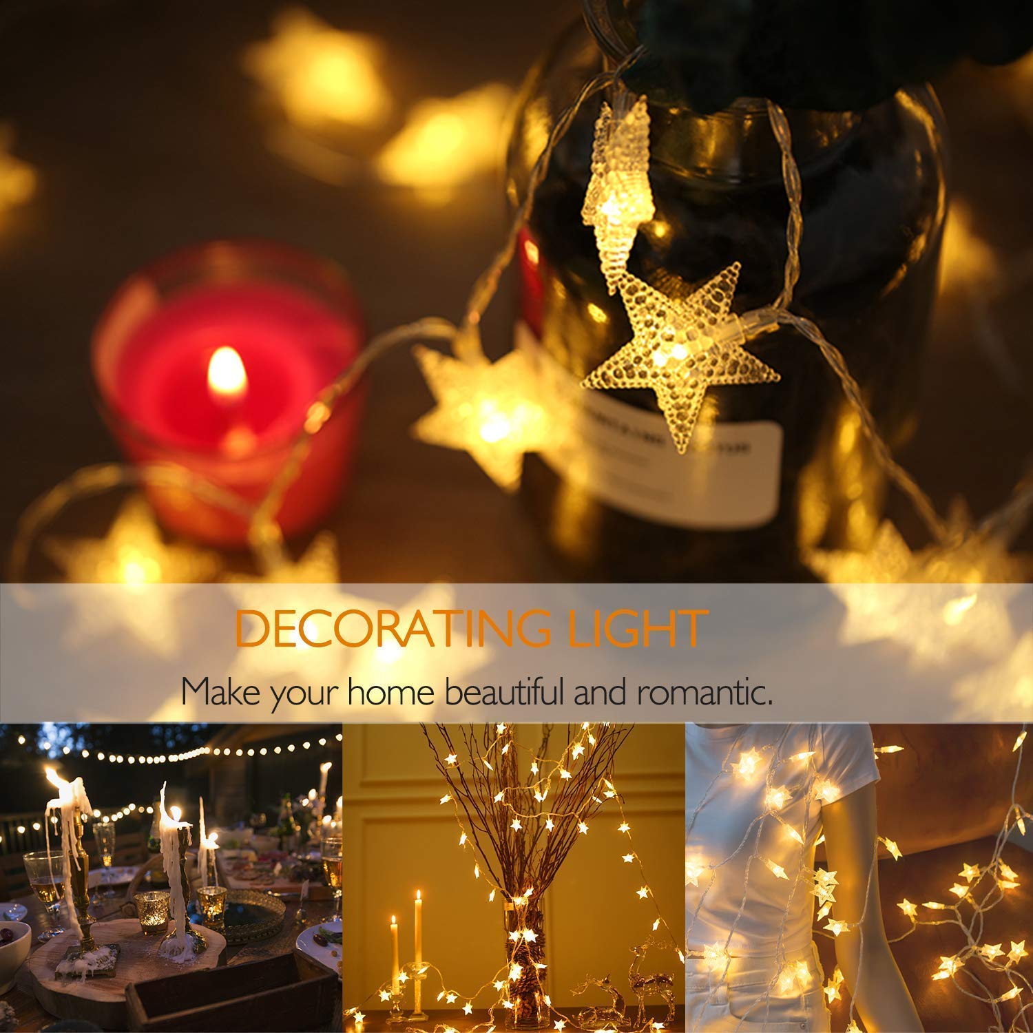 YoTelim 33FT Star String Lights, Battery Operated, Waterproof, 100 LED Fairy Lights, 8 Modes, Warm White