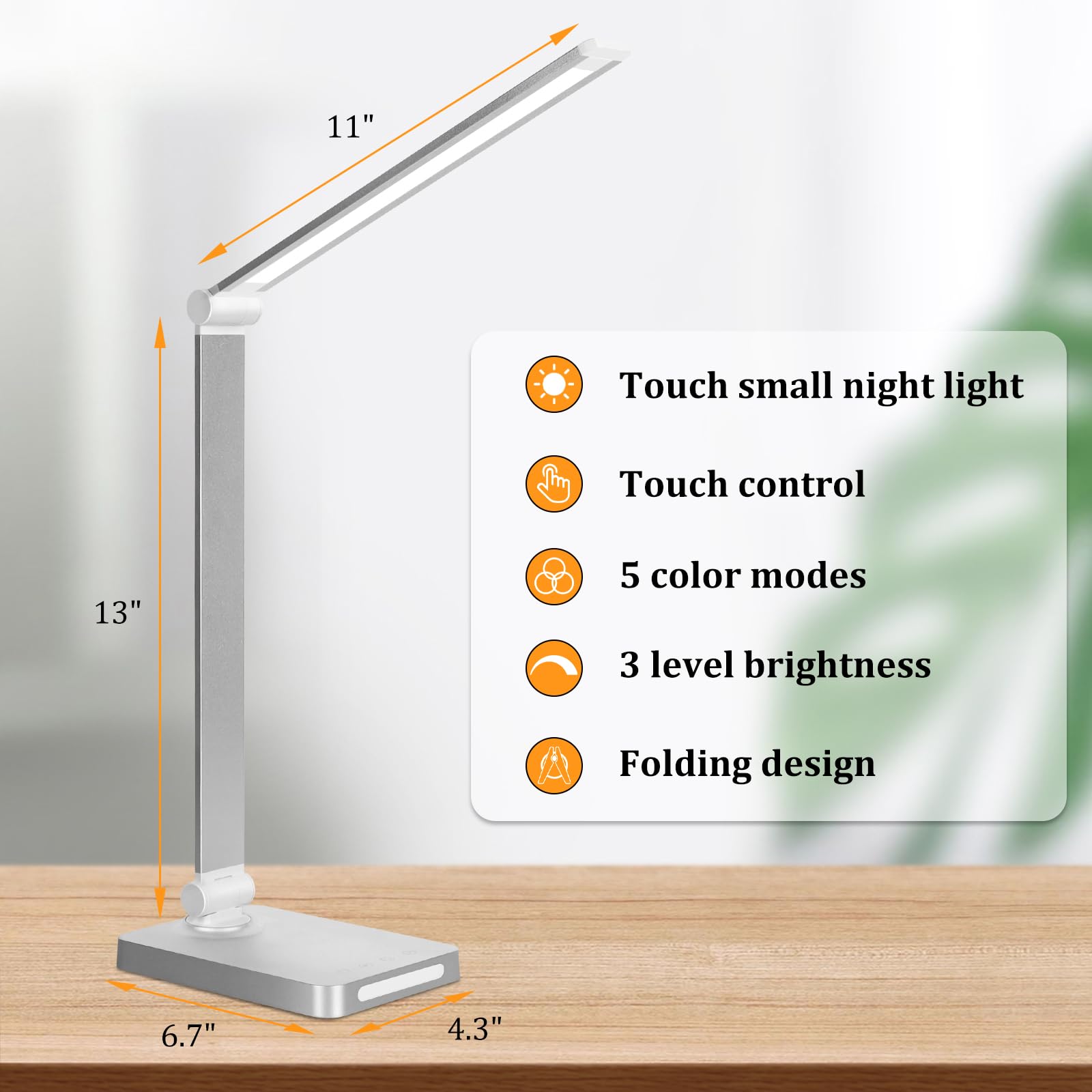 Dott Arts Led Desk Lamp With Usb Ports,Touch Desk Lamps For Home Office With 5 Color Modes,3 Brightness Desk Light With Small Night Light,Reading Lamp Table Led Lamp For Bedroom Bedsid Study Sliver