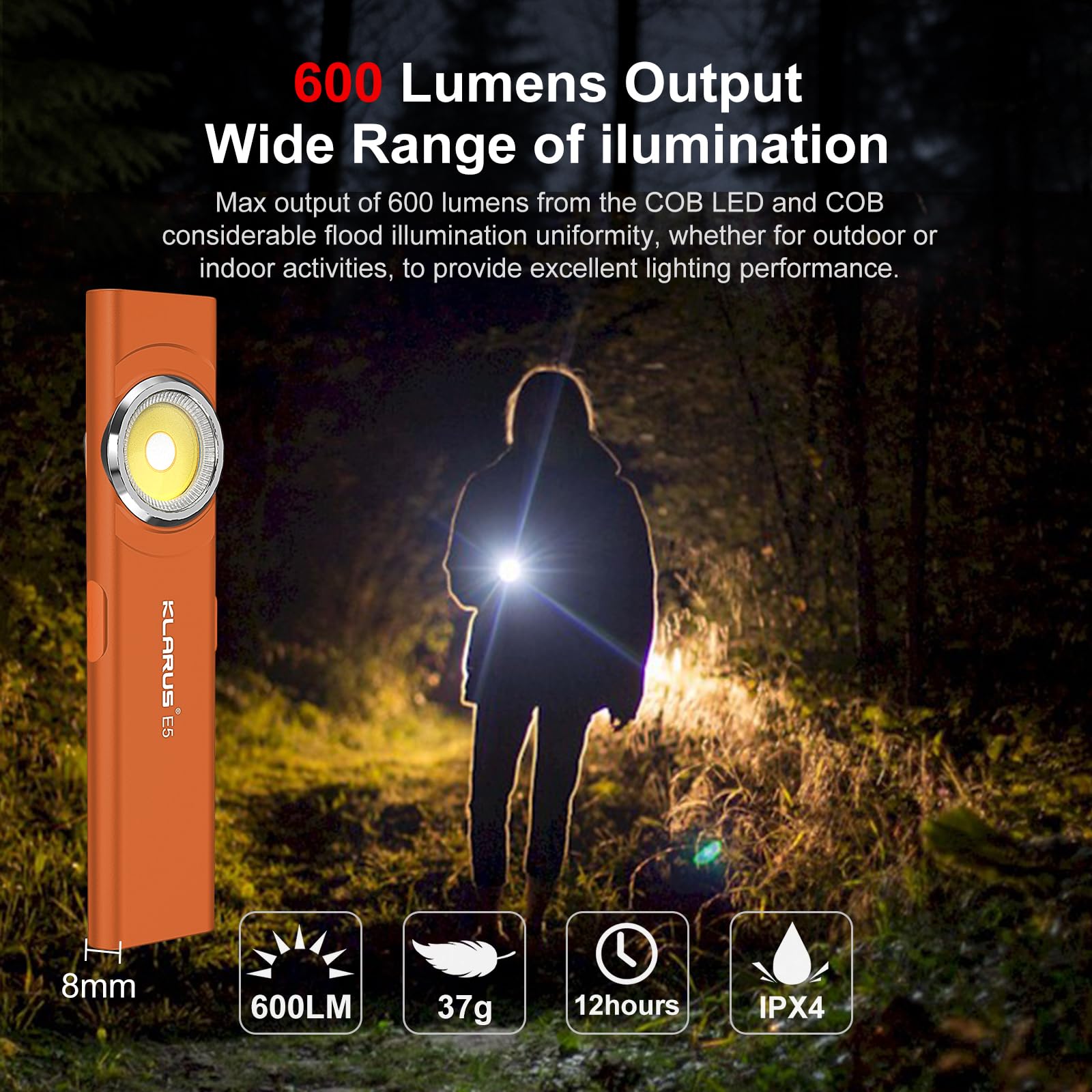 Klarus E5 Pocket Flashlight, Rechargeable, 600 Lumens, USB-C, 4.2x1x0.3in, IPX4, Metal Unibody, Orange