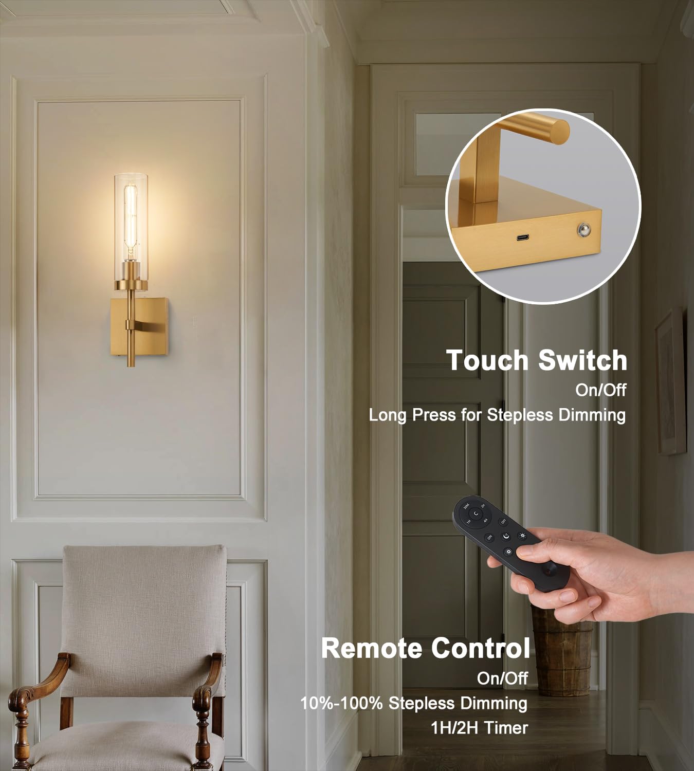 SANTOSTOCK Gold Battery Operated Wall Sconce Set of 2, Wireless LED Dimmable Lights, Rechargeable, Clear Glass, Model SSW018G1-2C