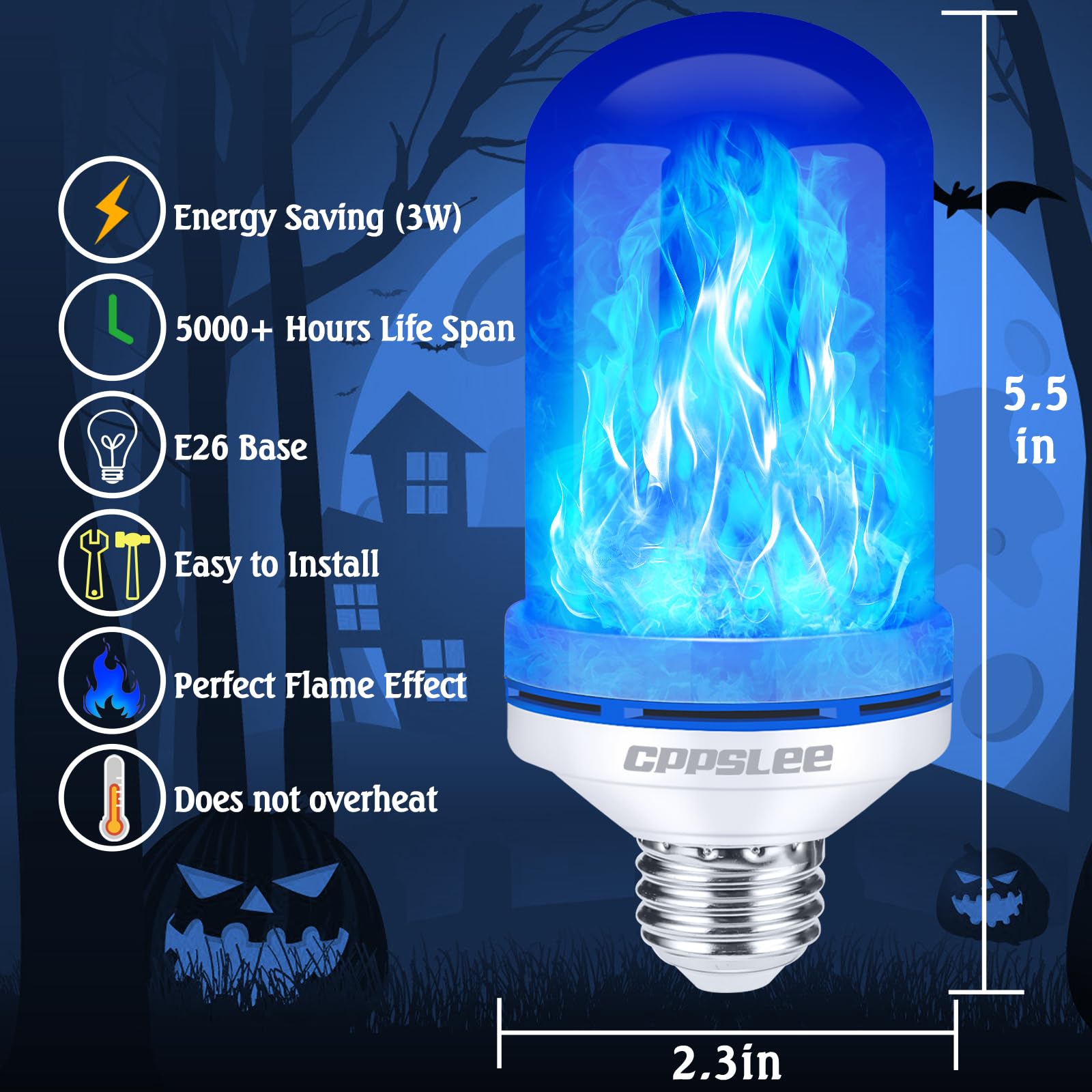 CPPSLEE LED Flame Light Bulbs, 4 Modes Flickering, E26 Base, 4 Pack, Blue