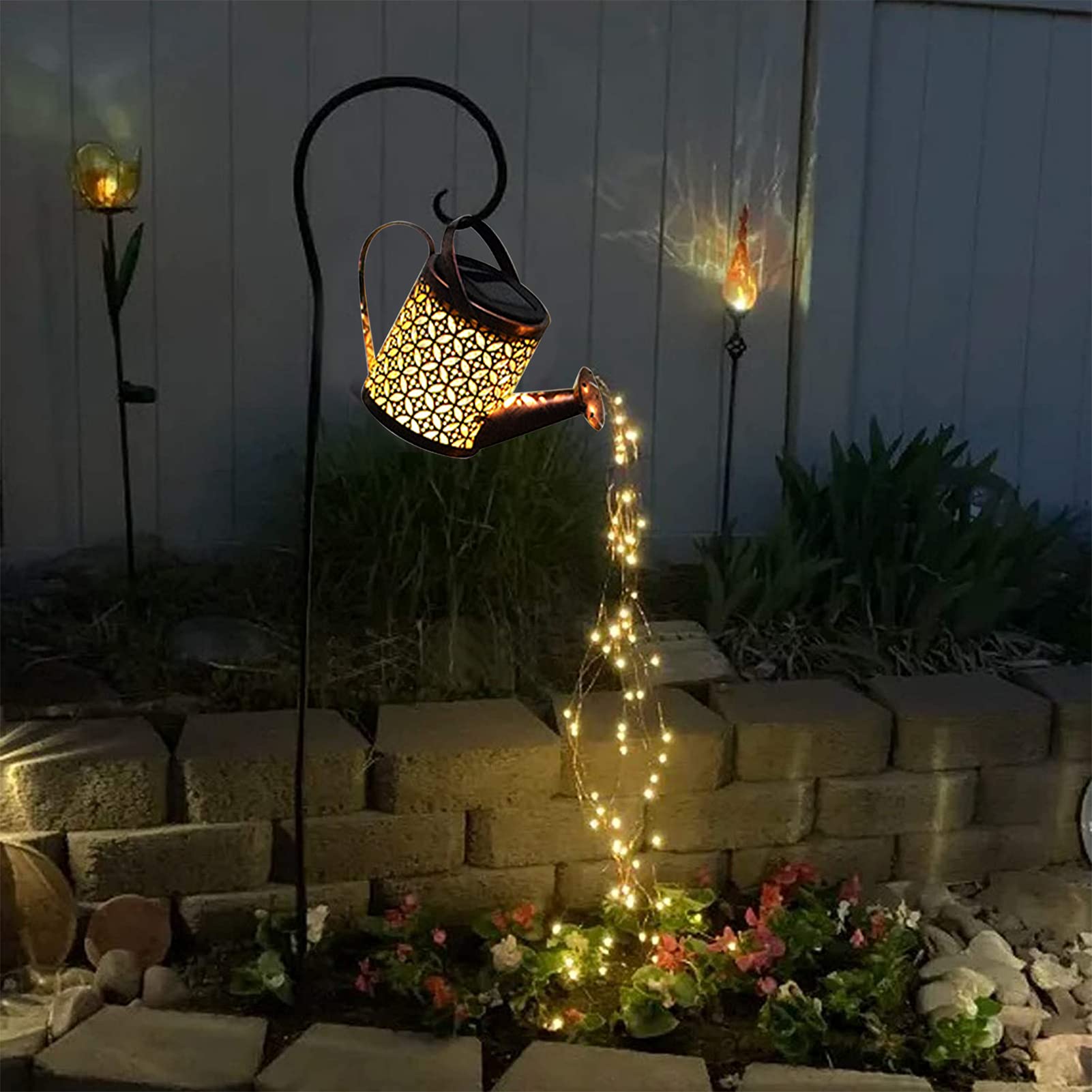 Auhafaly Garden Shower Light Solar Powered Watering Can with Lights Star Light LED Outdoor String Fairy Lights Waterfall with Br
