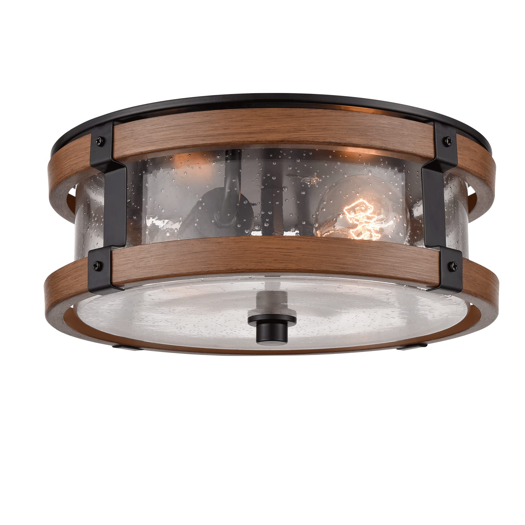 DEYNITE Farmhouse Ceiling Light Fixture 2-Light Hallway Ceiling Light in Black & Rustic Wood Grain Finish with Clear Seeded Glas