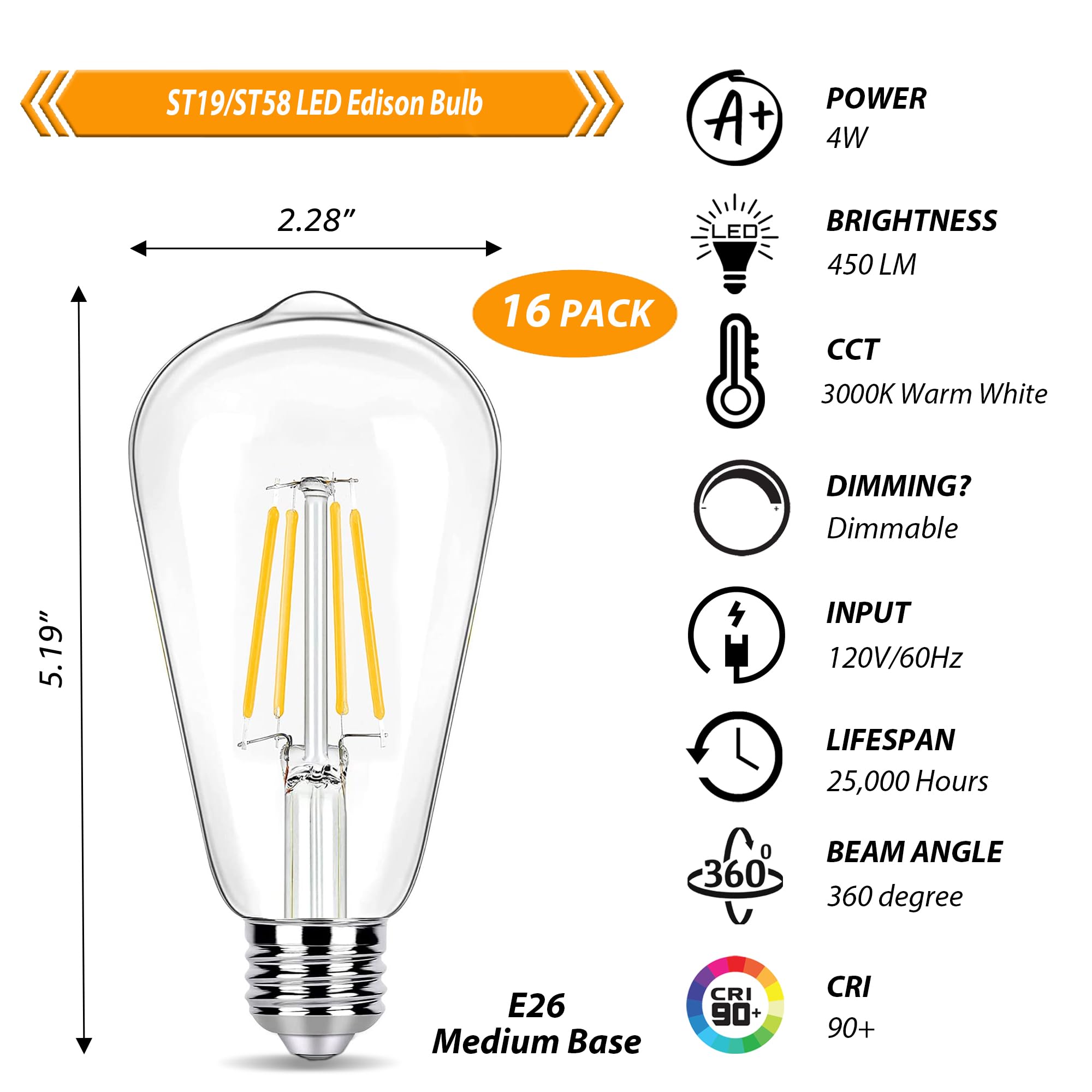 16 Pack Dimmable Led Edison Bulbs 40W Equivalent,4 Watt Filament Bulb,3000K Warm White St19 Light Bulb,450Lm E26 Vintage For Cei