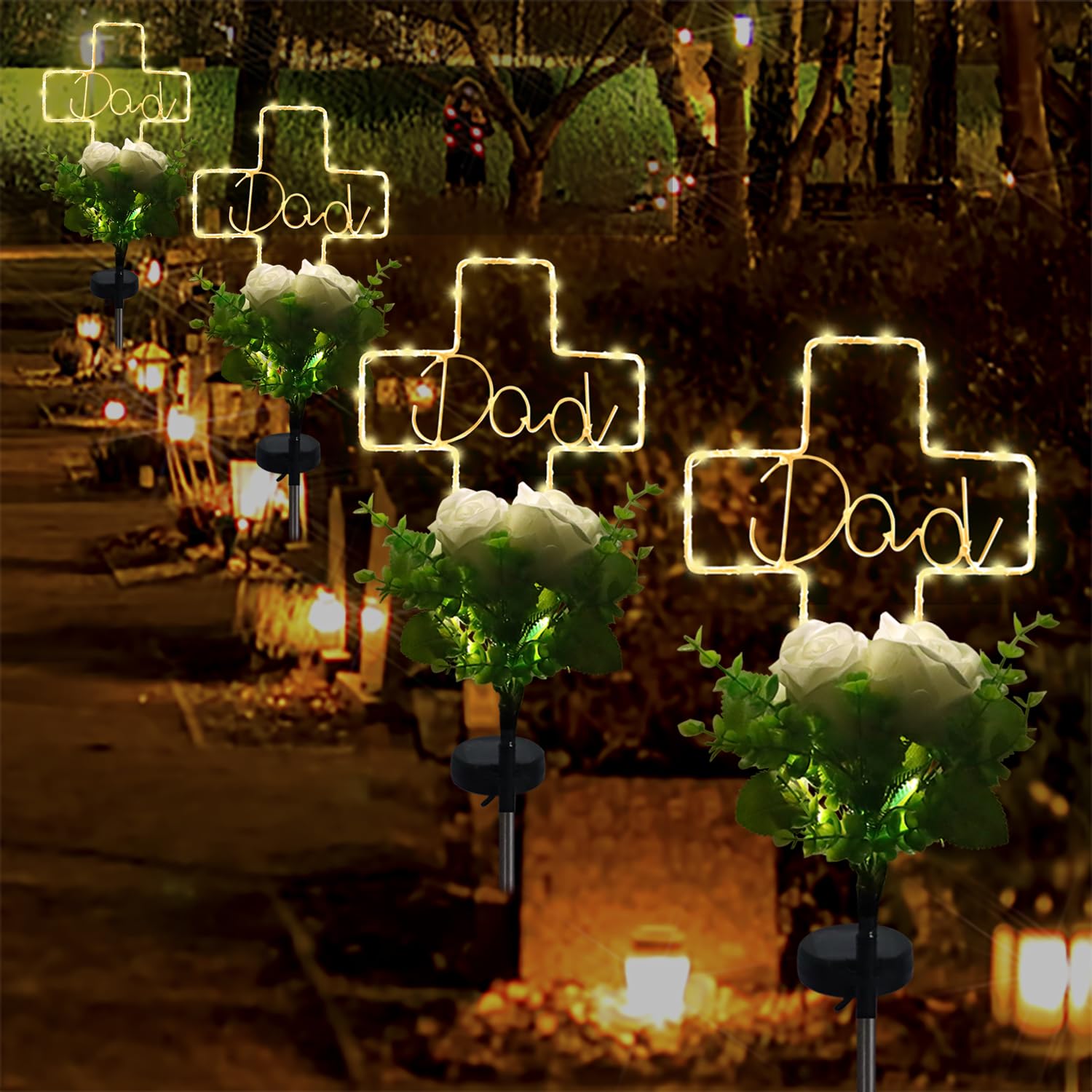 Lmtocs New Version Solar Cross Light For Cemetery Dad, 2 Modes With Rose Flower For Dad Grave Decorations, Waterproof Outdoor Li