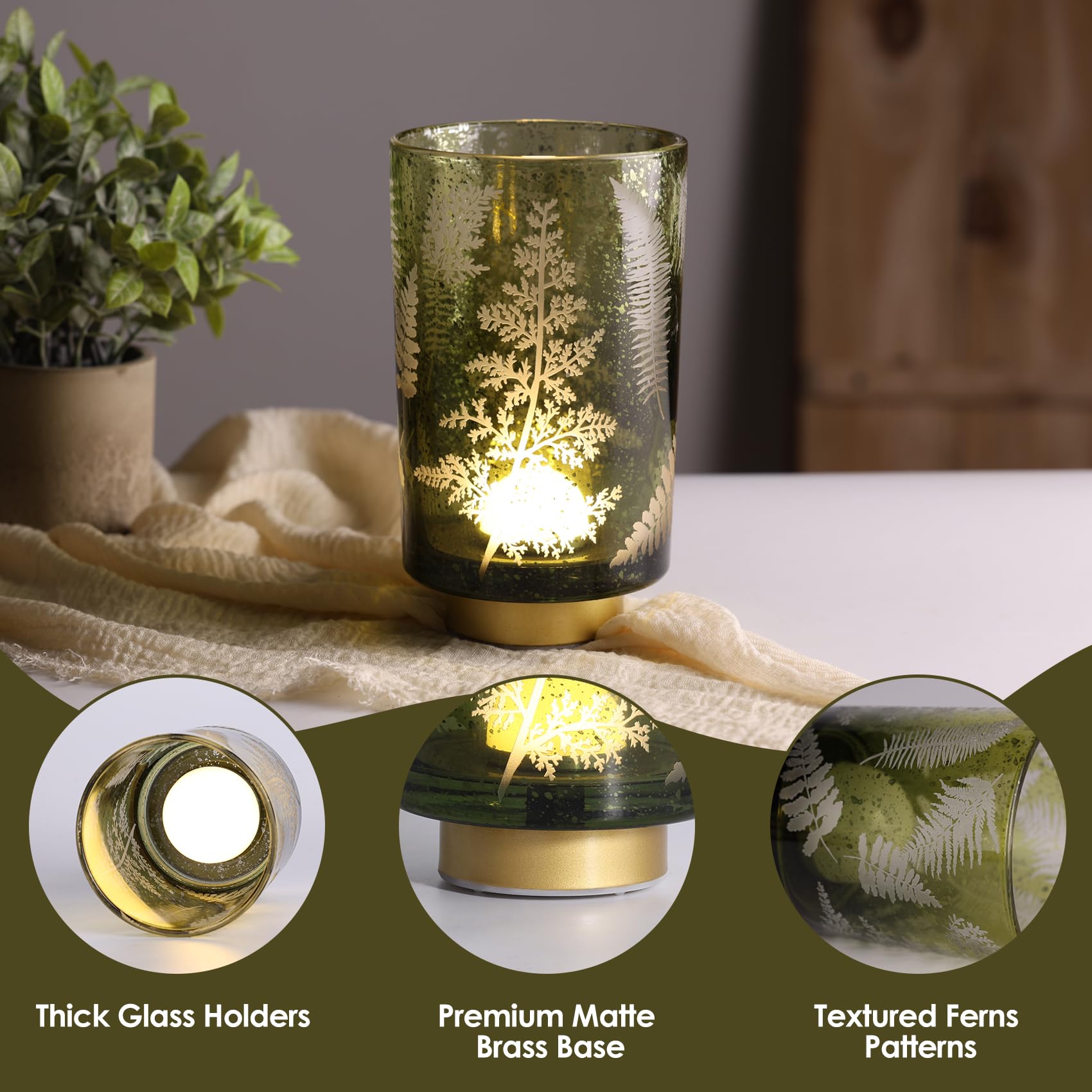 Eywamage Large Battery Operated Glass Table Lamp - Boho Green Ferns Mood Light with Remote, Cordless Accent Lamp, Model MA033