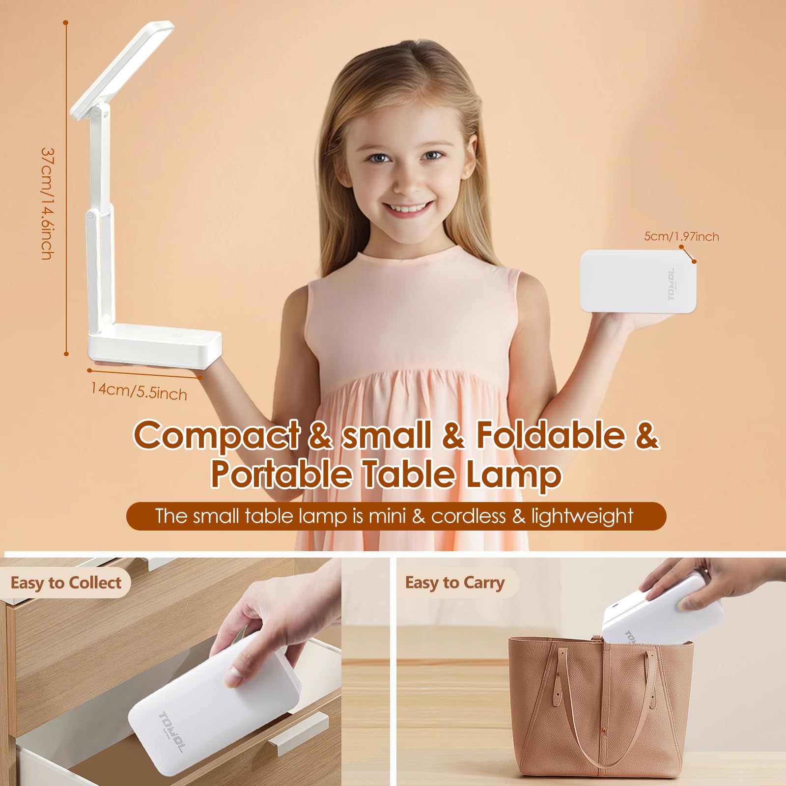 Tomol Battery Operated Desk Lamp 3600Mah Rechargeable - 3 Color Temperature & Stepless Dimming Led Cordless Light, Foldable Port