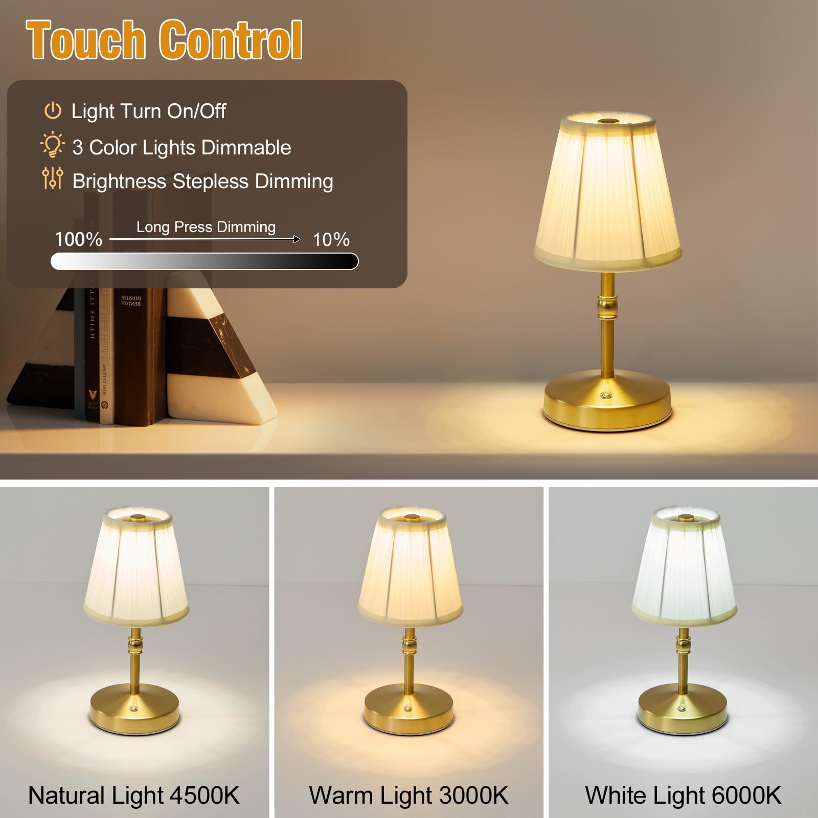 Cordless Mini Lamps Gold,3000 Mah Battery Operated Lamp,3 Color Temperature Dimmable Table Lamp,Small Rechargeable Table Lamp Fa