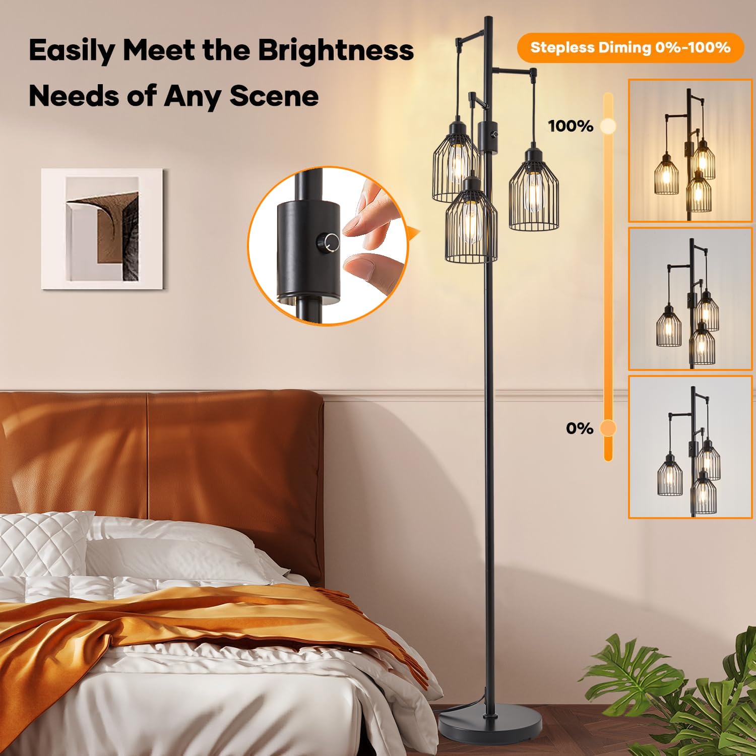 A1A9 Dimmable Floor Lamp, Industrial Style with Hanging Cage, 68.5in Black, 3 LED Edison Bulbs Included, Model NF-22425