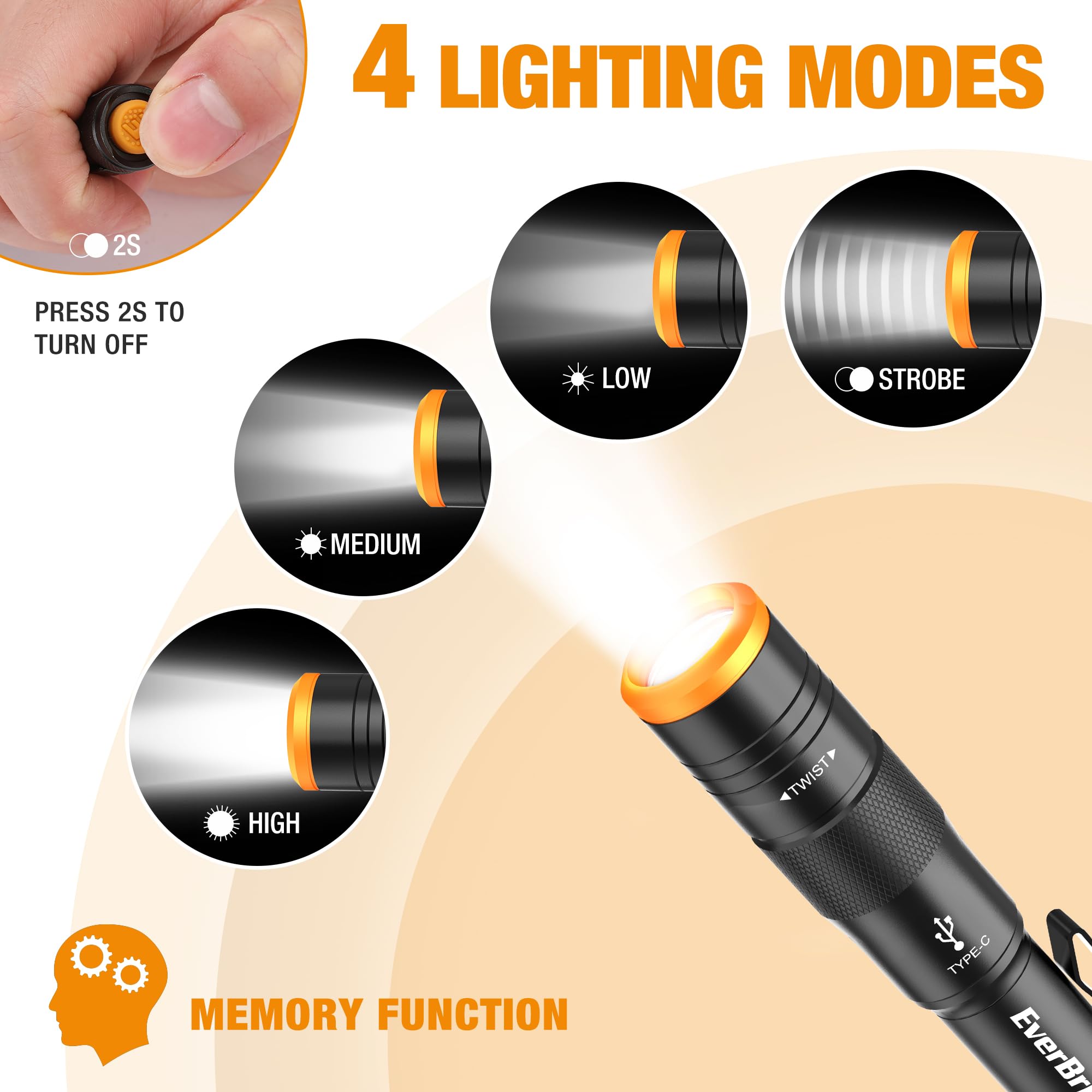 EverBrite Mini Pen Light - Rechargeable 300 Lumens Flashlight, 4 Light Modes, Black, Aluminum, Model E101120AE