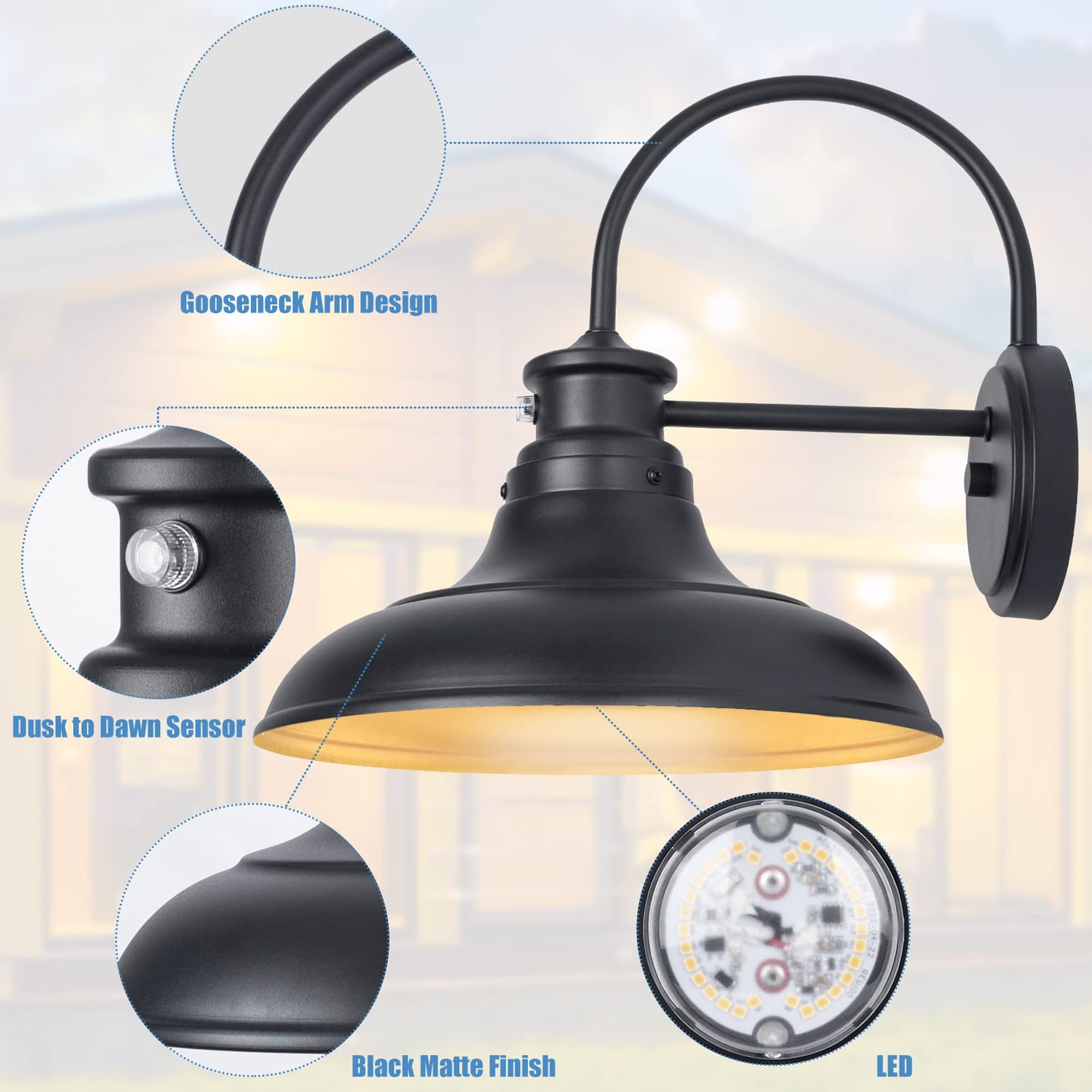Yolsunes Dusk To Dawn Led Barn Lights - 2 Pack Gooseneck Black Exterior Wall Mount Fixtures