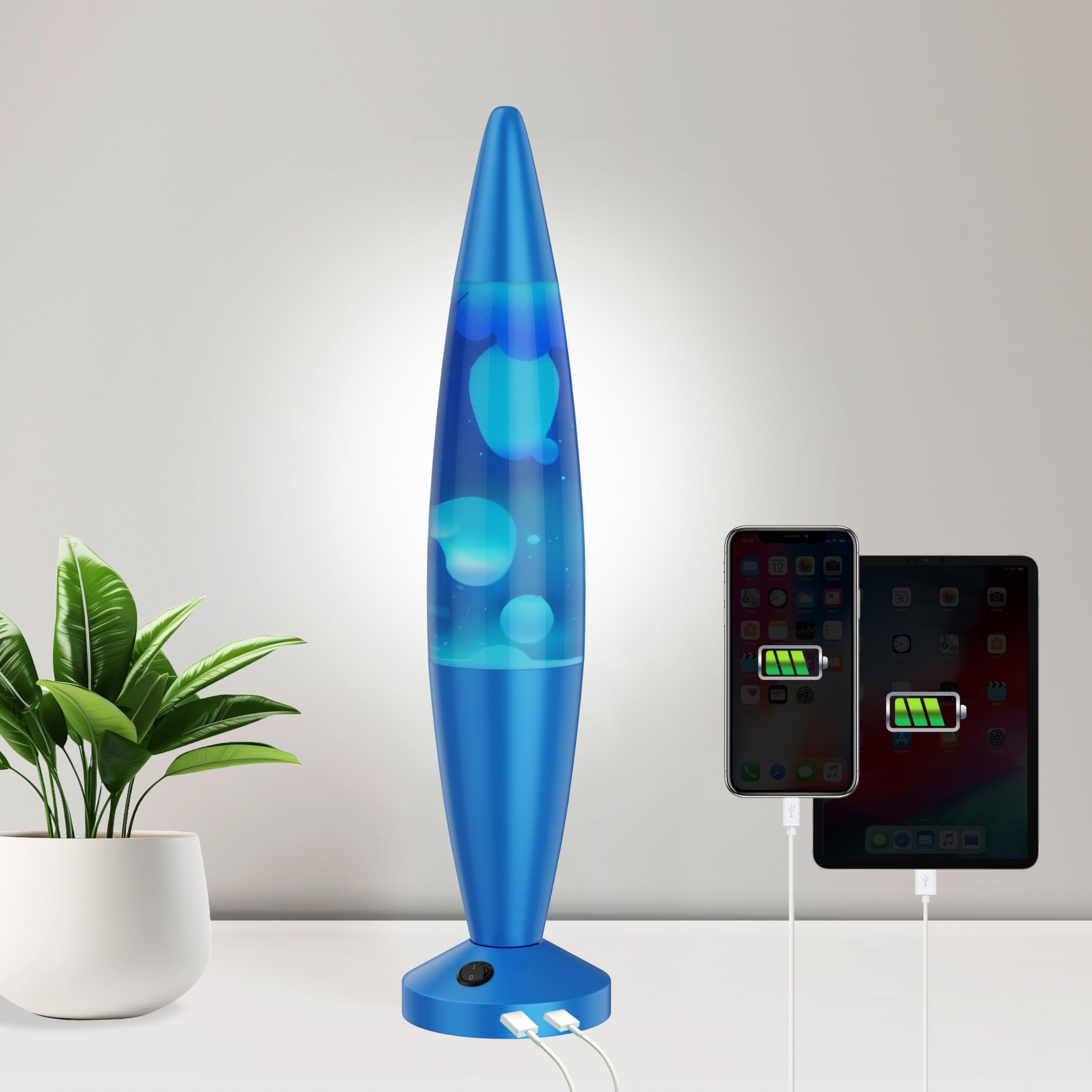 JAMBO Liquid Lamp with USB Ports, 16in Motion Light, Blue Base, Blue Liquid, White Wax, Model 59000