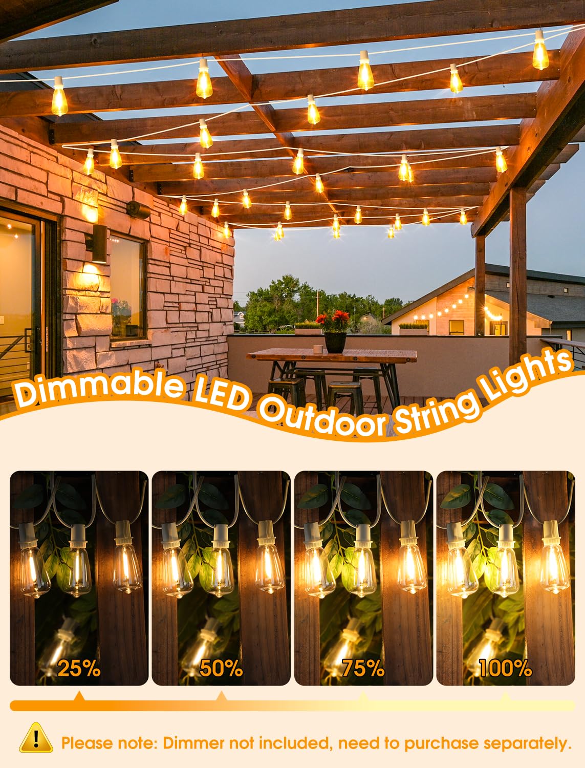 Larkvue Outdoor String Lights, 75FT, 30+3 Dimmable LED ST38 Bulbs, Waterproof, White, Model GLS-20J2P-E17-ST38-15