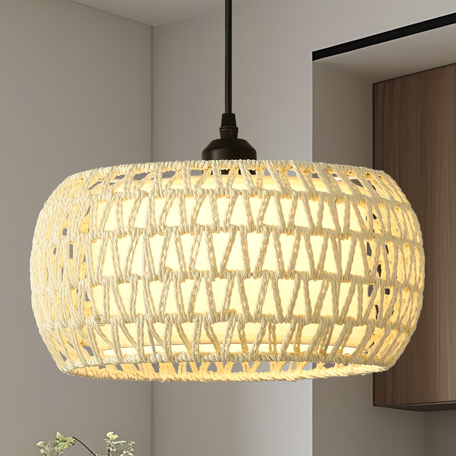 JTYP Boho Rattan Chandelier Light Fixture, 1-Light Pendant, Metal/Rattan, Beige Curved Edge, Model LJ-MCL-JS