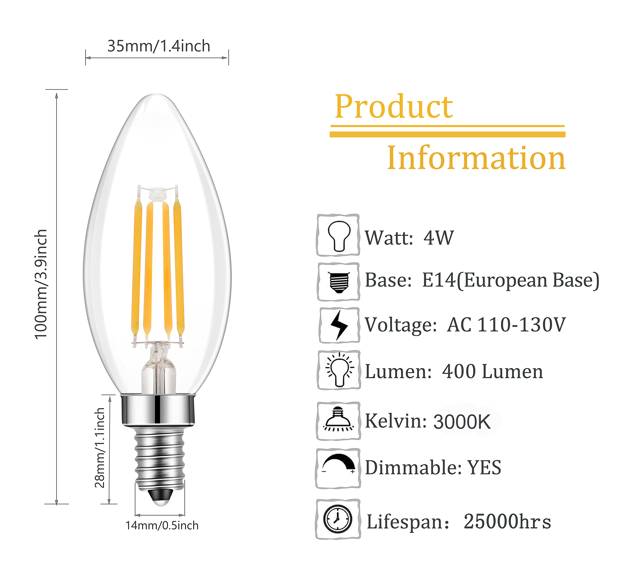 Lamsky E14 Led Bulb Dimmable,110V 400Lm 40W Equivalent Warm White 3000K,E14 European Base Candelabra Led Bulbs,C35 Clear Glass Torpedo Shape Bullet Top(12-Pack)